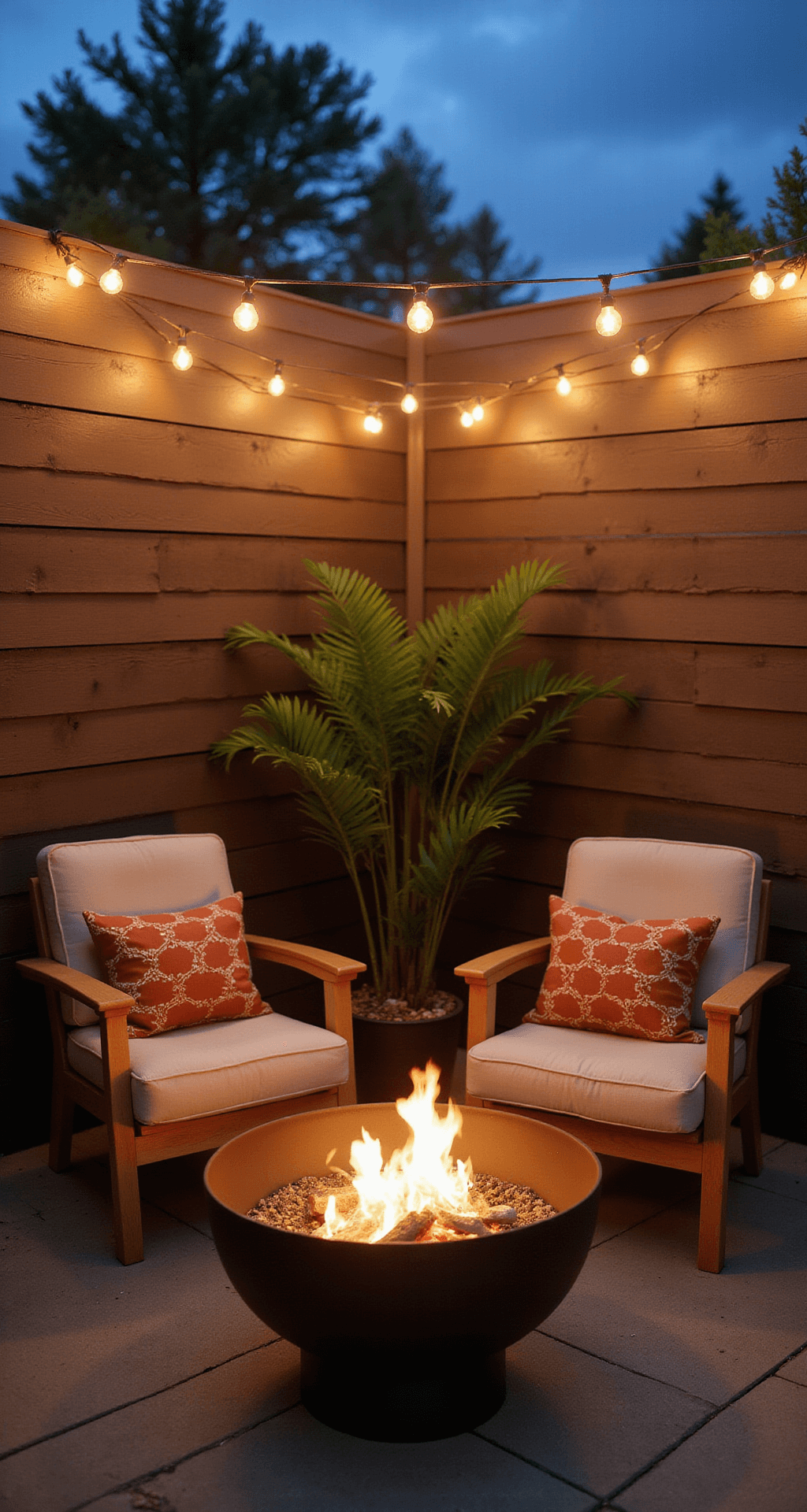 An intimate outdoor scene featuring a portable matte black fire bowl surrounded by cream Acapulco chairs and terra cotta geometric outdoor pillows, set against modern horizontal fence panels. String lights overhead create a beautiful bokeh effect during blue hour, with soft artificial lighting enhancing the cozy gathering space, all captured at seated eye level.