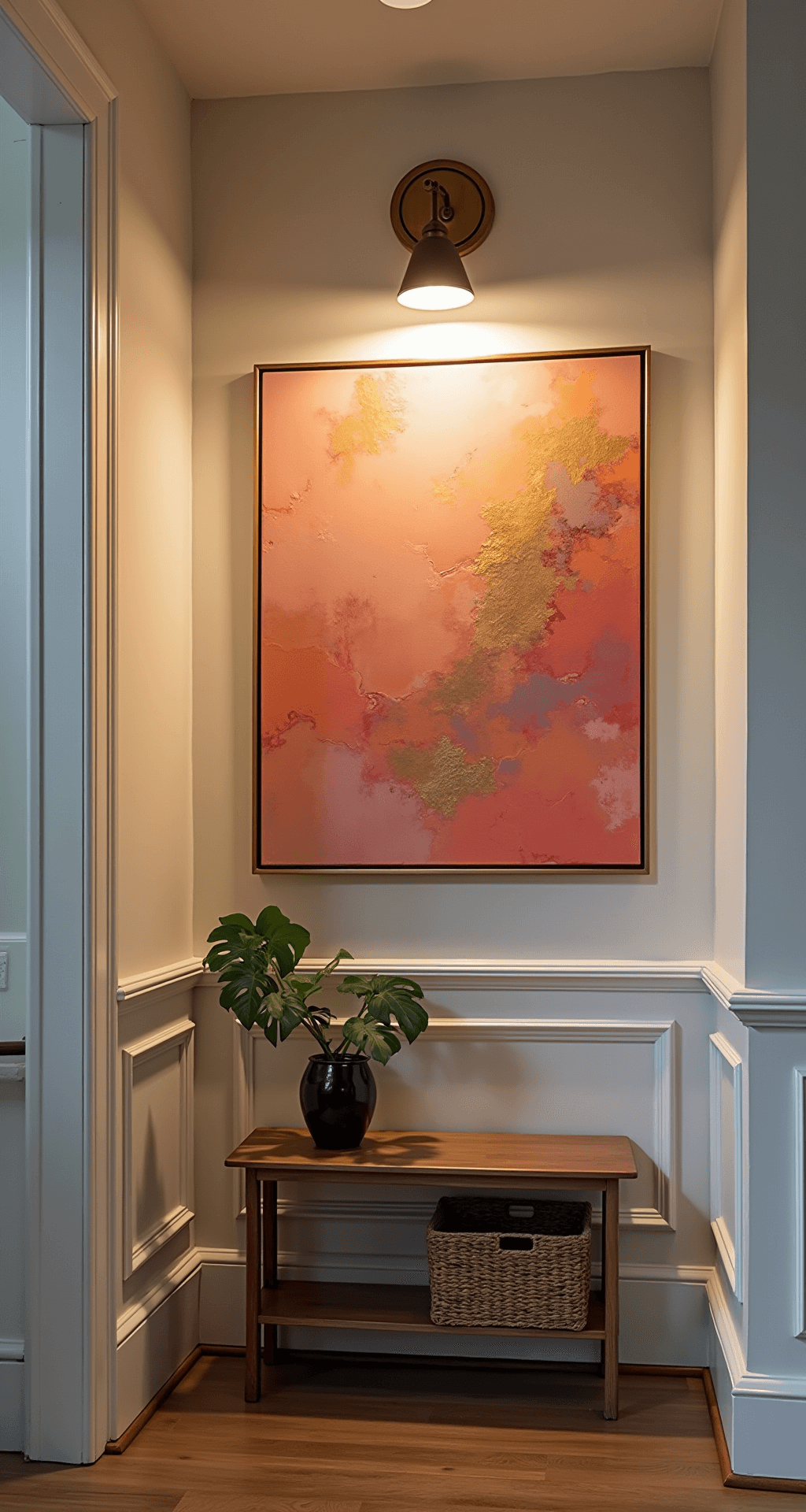 Small Entryway Ideas: Transform Your Tiny Space into a Stylish Welcome Zone Detail shot of a small entryway vignette featuring an oversized coral and gold abstract canvas, dramatic uplighting from a designer sconce, and traditional wainscoting, captured in warm early evening light to highlight artistic elements and architectural details.