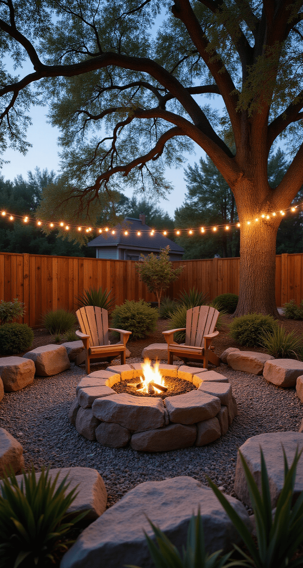 Twilight backyard with a circular boulder fire pit surrounded by Adirondack chairs, native grasses, and agaves, illuminated by warm LED string lights between oak trees.