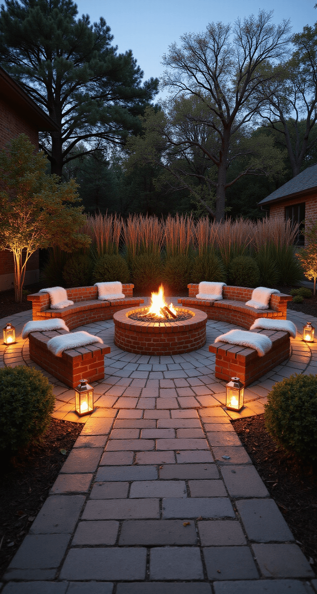 Low-angle view of a rustic brick fire pit at dusk in a courtyard, surrounded by stone pavers and wooden log benches with sheepskin throws, illuminated by warm copper lanterns and framed by Cape rush and ornamental grasses.