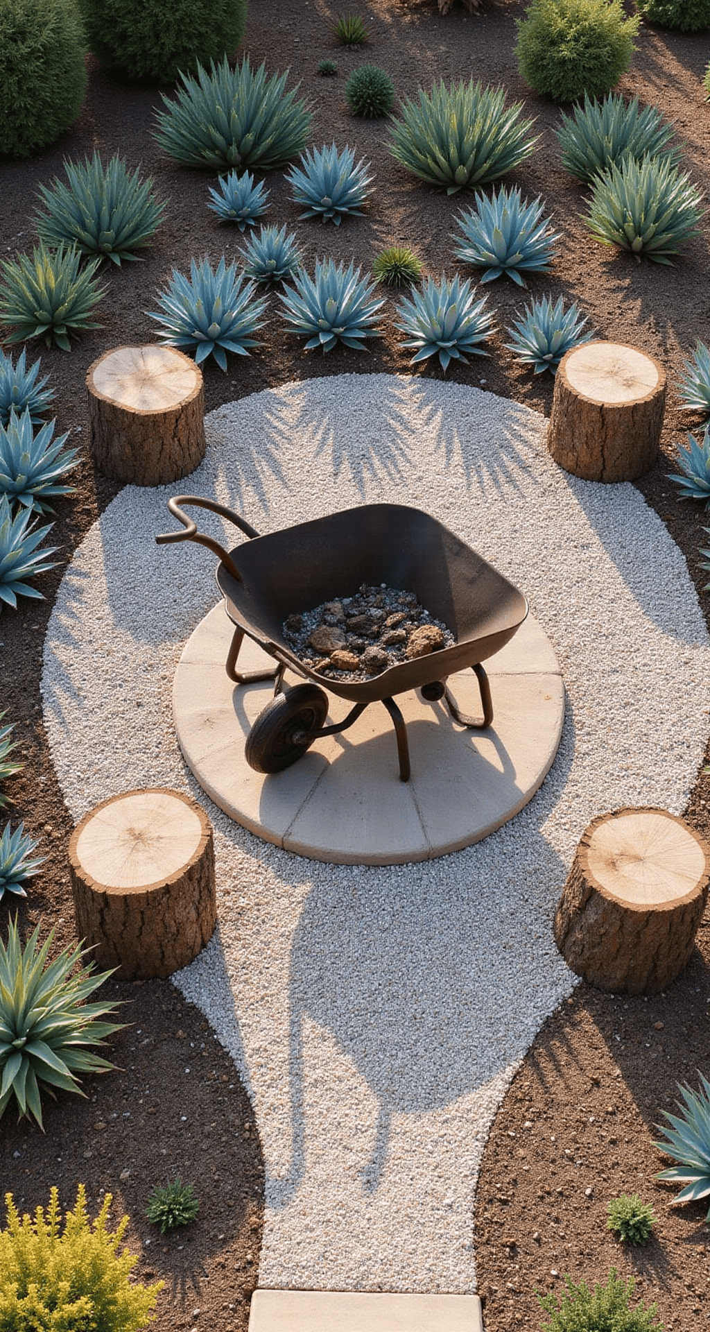 Overhead view of a vintage wheelbarrow fire pit on a stone platform in a gravel garden, surrounded by a crushed granite pathway and tree stump seating, featuring desert plants like blue agaves, bathed in warm late afternoon light.