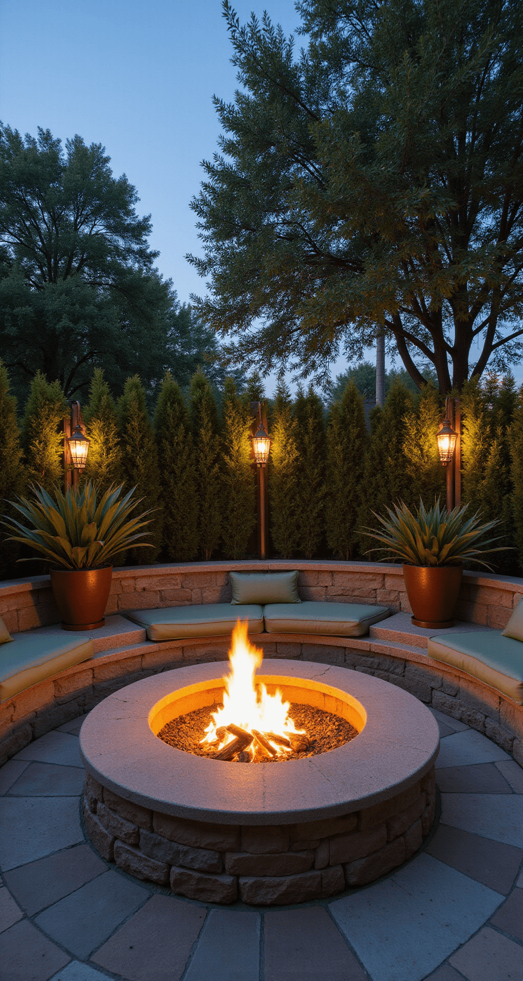 An eye-level view of a sunken fire pit lounge at magic hour, featuring a 6ft diameter natural stone pit surrounded by a curved conversation area of built-in concrete benches with sage green cushions. The 25x25ft flagstone patio is enclosed by fortnight lilies creating a privacy screen, while Moroccan lanterns provide soft lighting. Modern cor-ten steel planters add architectural interest to the moody, resort-style setting.