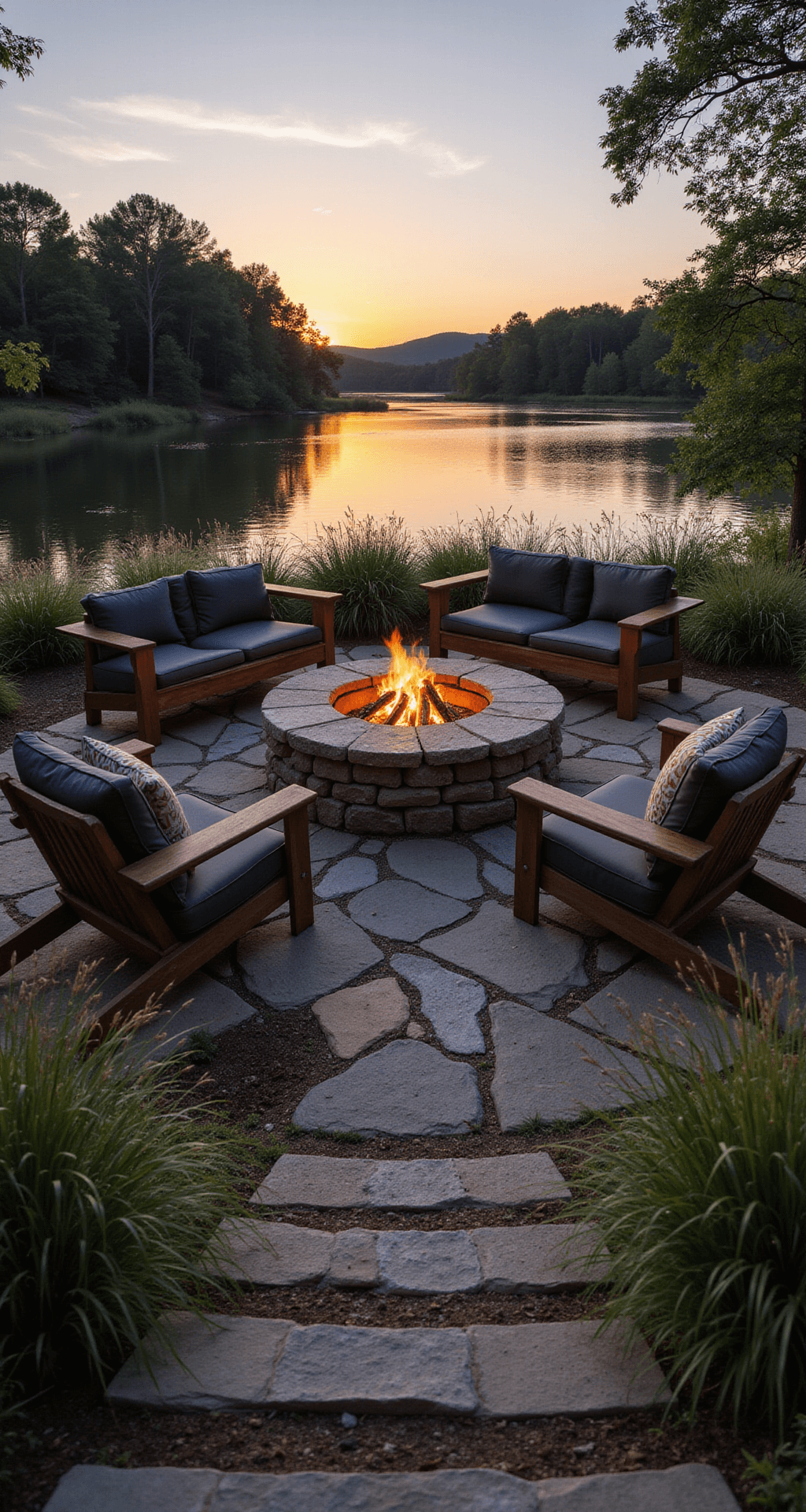 A serene riverside fire pit sanctuary at sunset, featuring a custom fieldstone fire pit and teak sectional seating, surrounded by natural grasses and stone steps leading to the water. Uplighting accentuates the stone textures, captured from a seated perspective for an intimate ambiance.