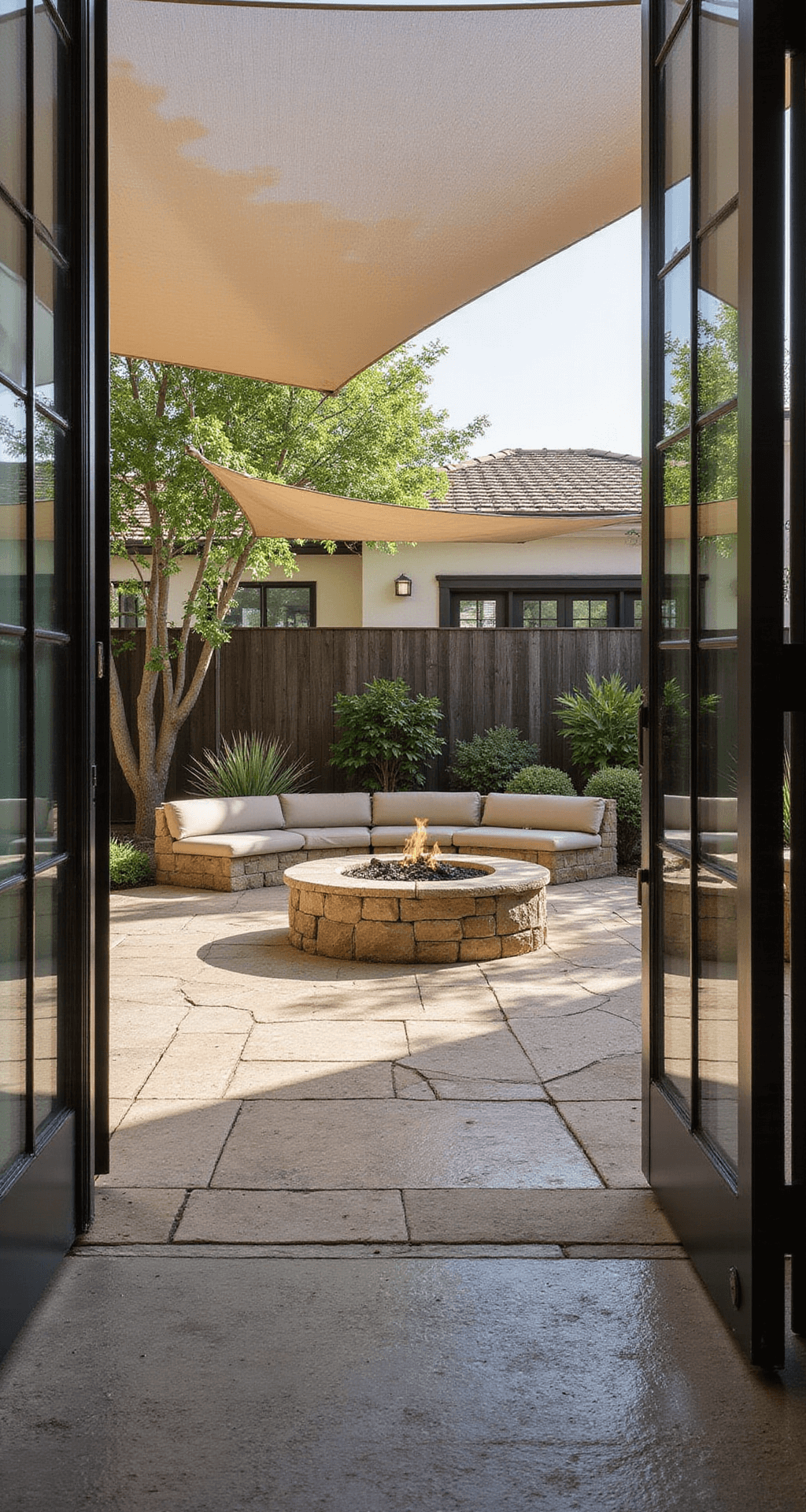 A serene morning scene featuring a seamless transition from indoor to outdoor, framed by glass walls, showcasing an 8ft diameter stone fire pit plaza, a curved stone seating wall with integrated lighting, and a decomposed granite surface accented with geometric pavers. Drought-tolerant plantings create a vibrant backdrop, while portable canvas shade sails enhance the resort-inspired atmosphere.