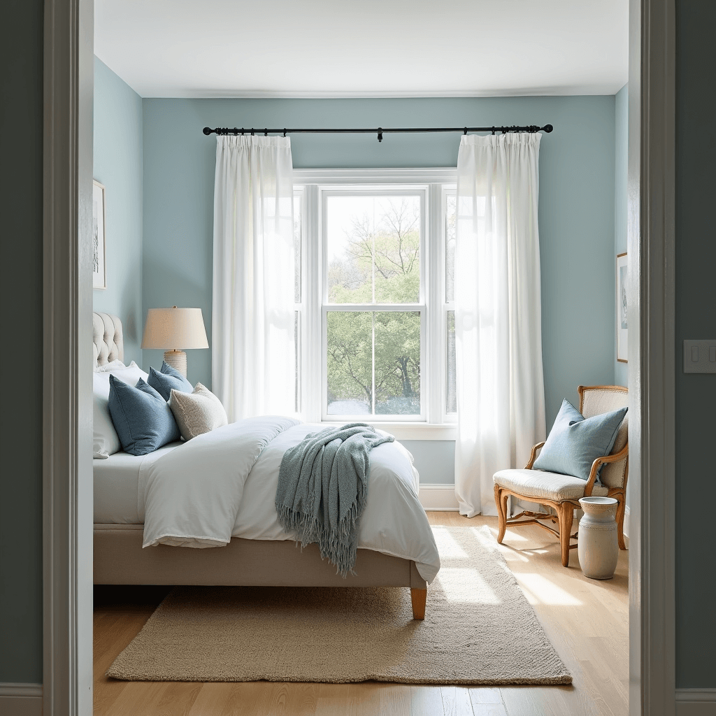 Blue Bedroom Ideas: Transform Your Space with Calming and Stylish Blues A serene sunlit bedroom with powder blue walls, a king-sized bed with white and sky blue linens, and large bay windows adorned with sheer white curtains, featuring natural oak floors and coastal-inspired decor.