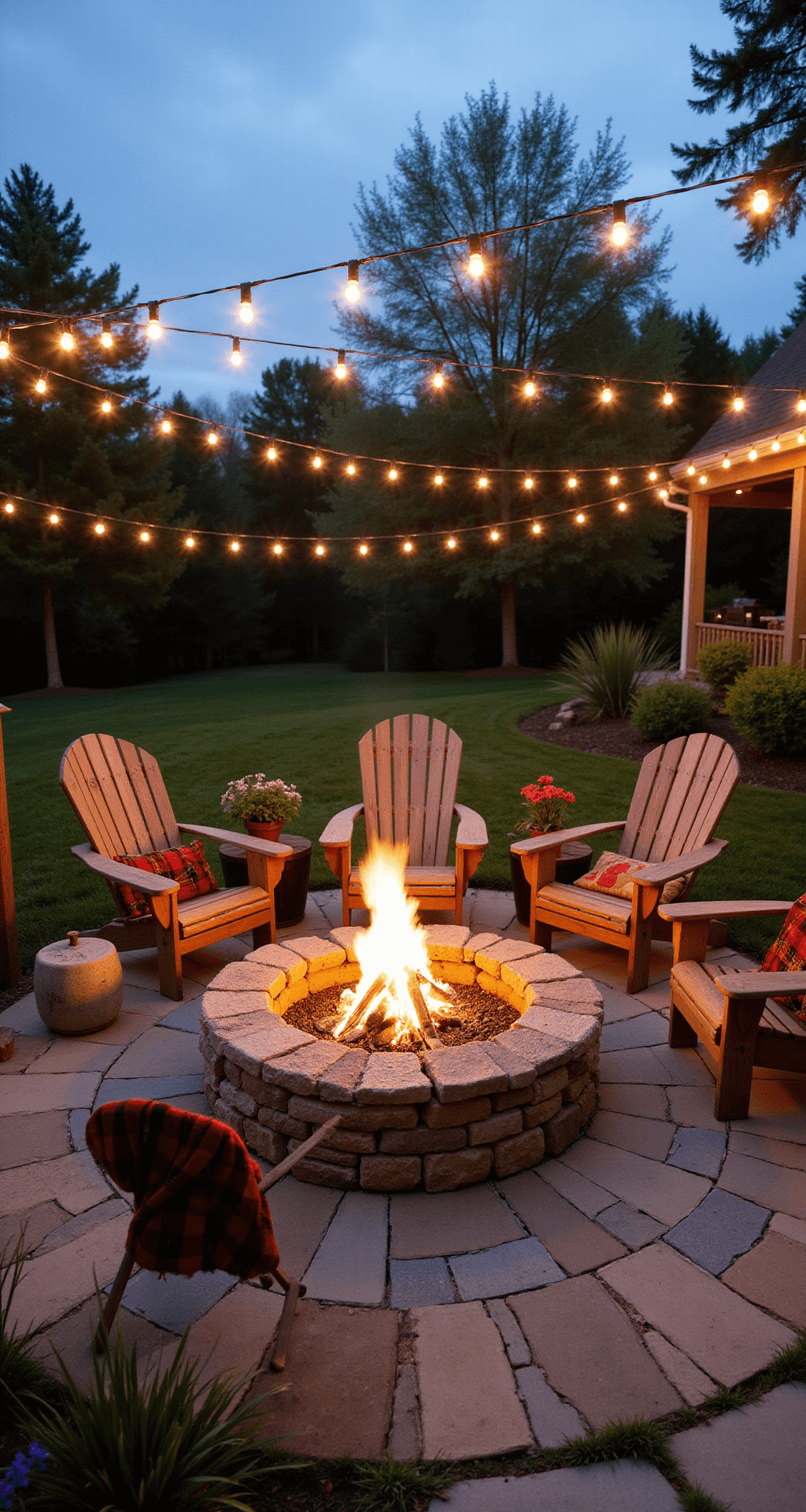 A cozy backyard patio at golden hour features a natural stone fire pit as the focal point, surrounded by weathered Adirondack chairs and draped with plaid throws, under warm string lights, with native grasses and flowers enhancing the scene.