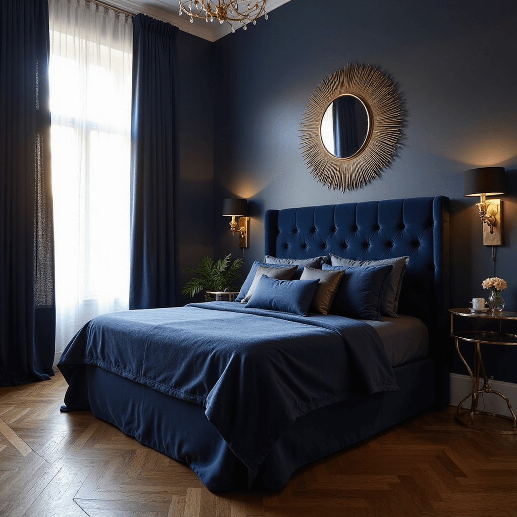 Blue Bedroom Ideas: Transform Your Space with Calming and Stylish Blues A luxurious master bedroom featuring dramatic navy walls, a king bed with a channel-tufted velvet headboard, silk bedding, brass accents, and warm, moody lighting from a low corner angle.