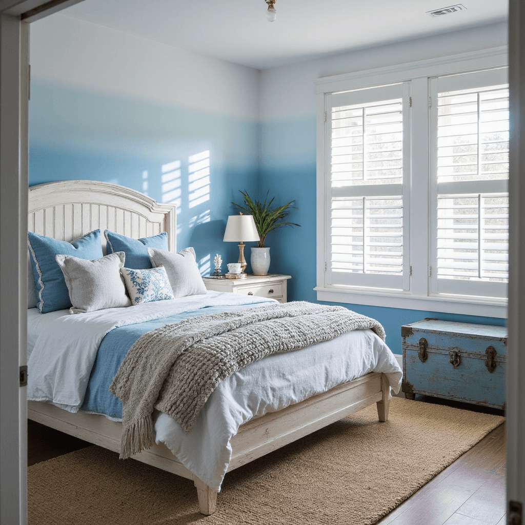 Blue Bedroom Ideas: Transform Your Space with Calming and Stylish Blues Coastal-themed corner bedroom with graduated blue ombre walls, white plantation shutters, a queen bed in a whitewashed wooden frame, layered blue-and-white striped bedding, and a weathered blue vintage trunk as a bedside table, all bathed in bright late morning sunlight.