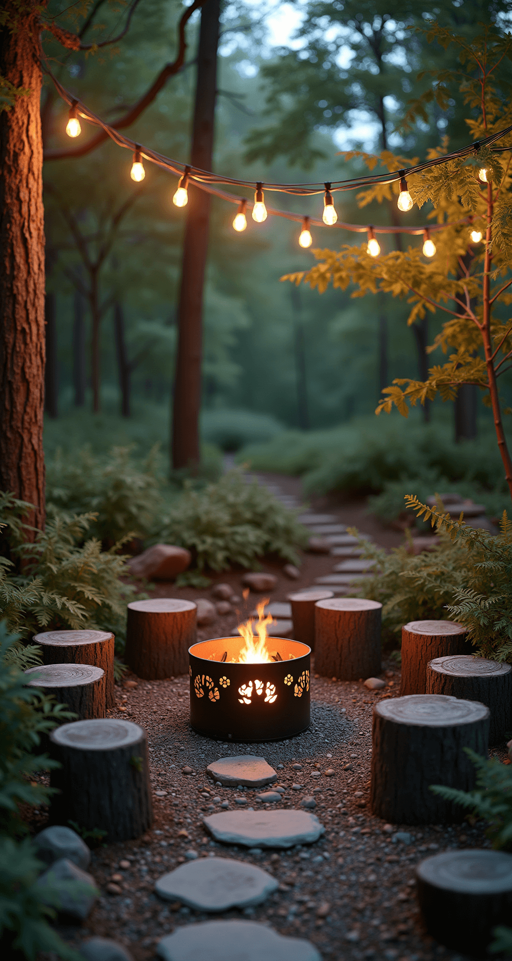 Intimate woodland clearing at twilight with a 3ft upcycled metal barrel fire pit casting shadows, surrounded by reclaimed wooden stumps, Edison bulb string lights, and a natural stone pathway lined with river rocks and ferns.