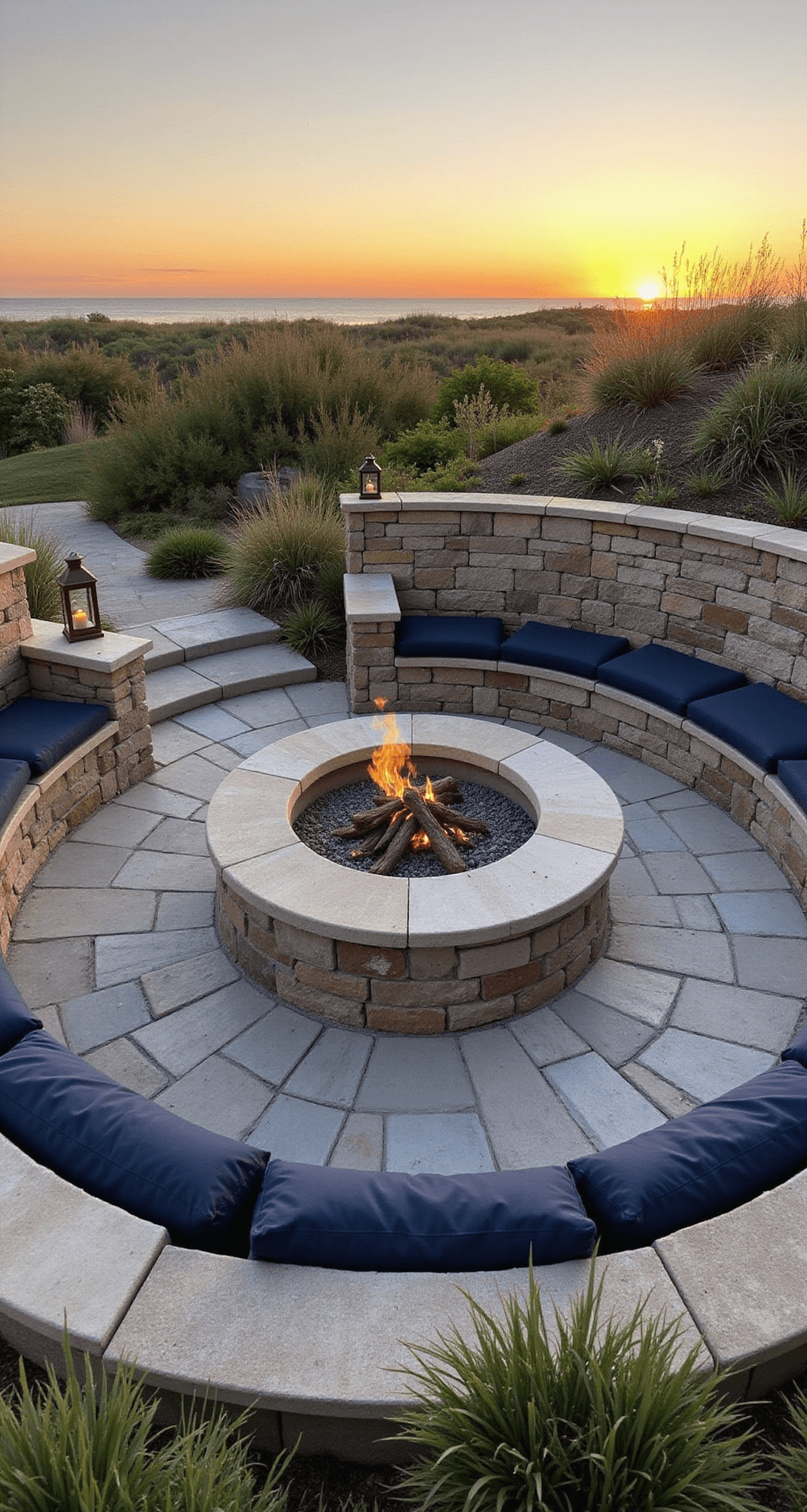 A coastal-inspired fire pit scene at sunset featuring a 5ft diameter beach stone pit, surrounded by curved stone benches with navy cushions, driftwood accents, and sea grass plantings, all illuminated by salt-worn copper lanterns.