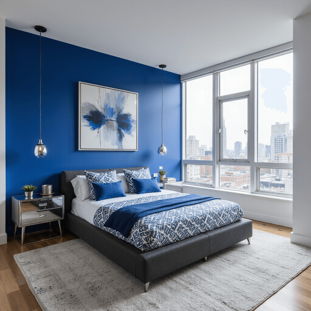 Blue Bedroom Ideas: Transform Your Space with Calming and Stylish Blues A modern urban bedroom with a cobalt blue accent wall, featuring a charcoal gray platform bed and geometric cobalt and white bedding, large floor-to-ceiling windows with city views, chrome and glass accessories, and abstract art in blues and grays, all captured from a high-angle perspective.