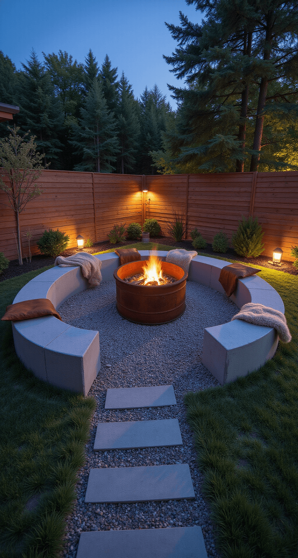 A bird's eye view of a modern rustic fire pit vignette at blue hour, featuring a repurposed industrial washing drum fire pit with artistic rust patina, surrounded by gravel pathways. Mixed-material seating includes concrete blocks, leather cushions, and sheepskin throws, complemented by minimal copper accent lighting casting dramatic shadows on architectural features.