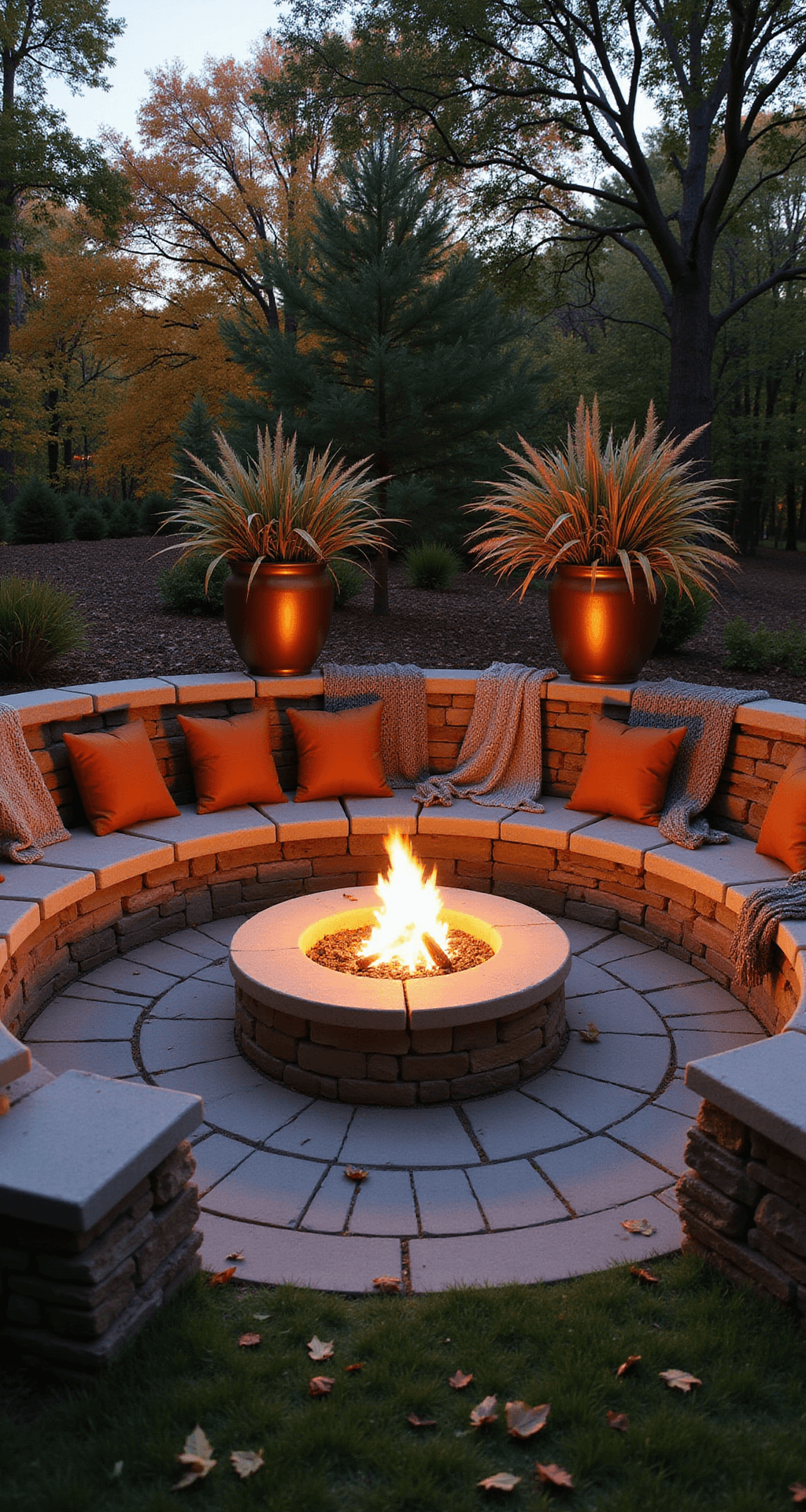 An autumn twilight scene featuring a sunken stone fire pit area with stacked flagstone walls for seating, adorned with rust-colored pillows and throws, framed by copper vessels filled with ornamental grasses, and illuminated by warm uplighting among fallen leaves.