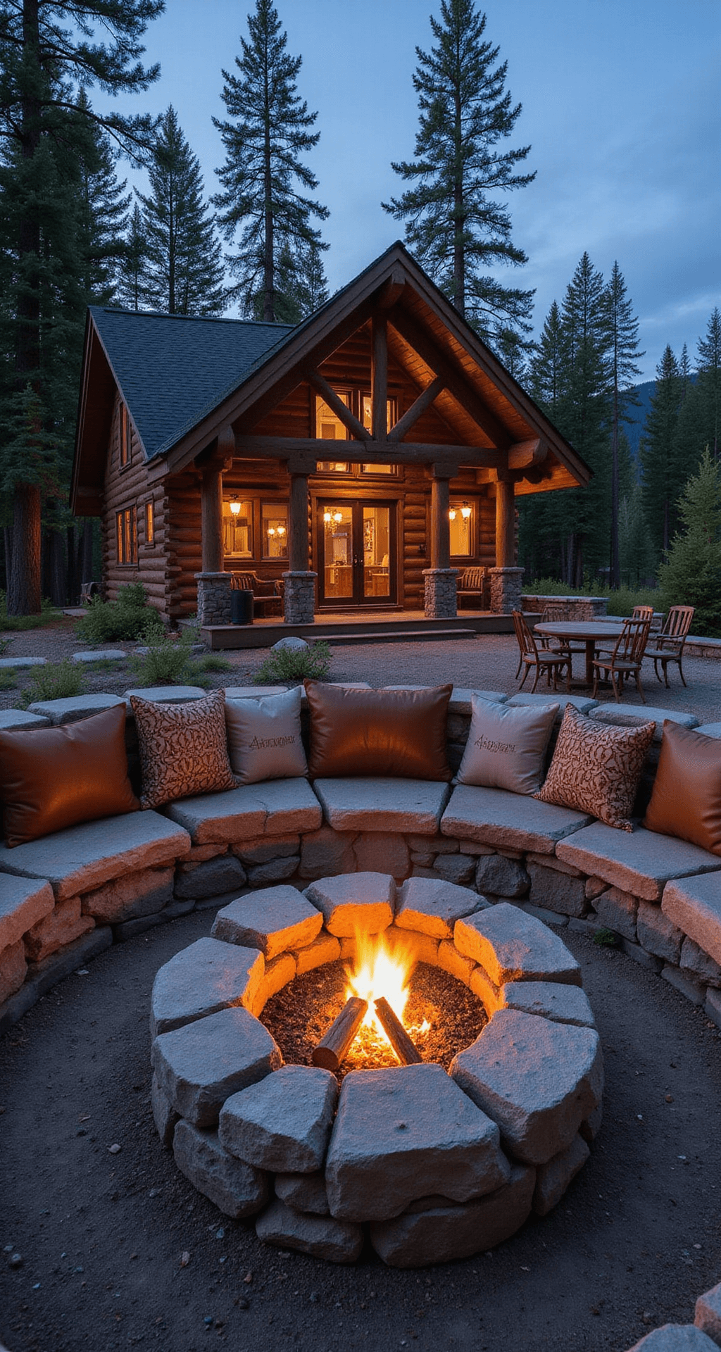 Aerial view of a circular fire pit made of local river rocks at dusk, featuring integrated wood storage alcoves, rustic log benches with leather cushions, and cast iron cooking accessories, illuminated by landscape lighting with a pine forest backdrop.
