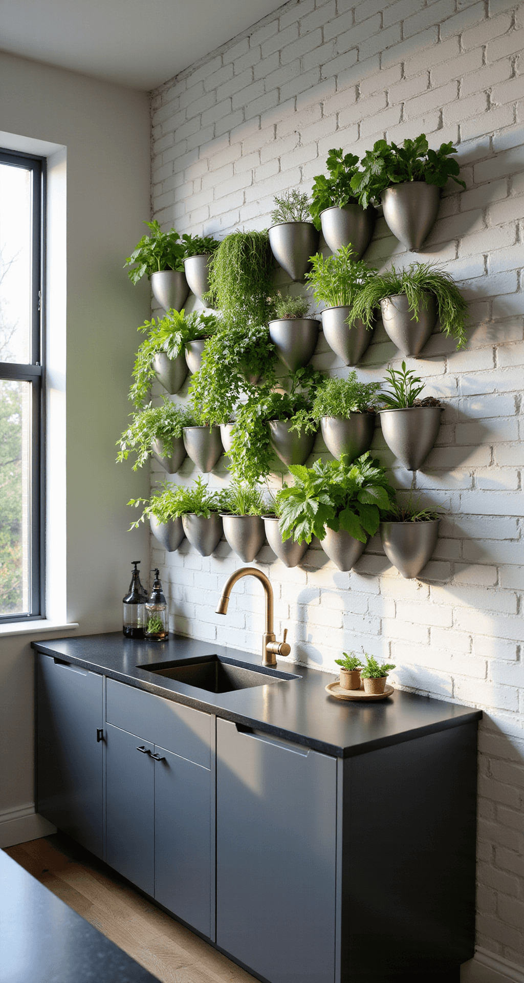 A modern kitchen with a bright herb garden wall, featuring white subway tiles and stainless steel planters. Morning light illuminates fresh basil, mint, and rosemary, with black countertops and brass fixtures.