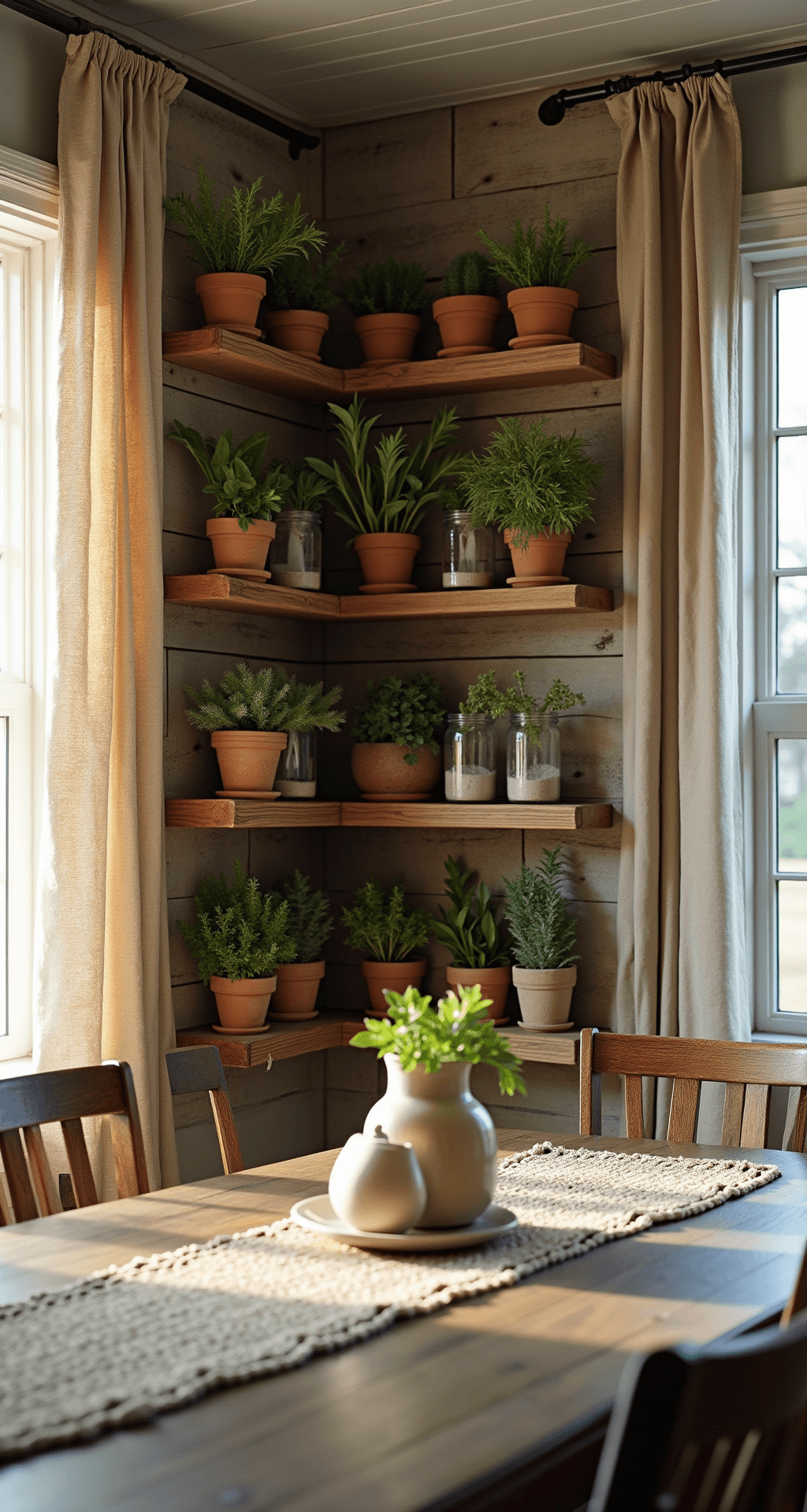 Rustic farmhouse dining space featuring a reclaimed barn wood herb wall with terracotta pots, vintage mason jars with herbs, and a distressed wooden dining table adorned with a handwoven runner, captured in warm golden hour light.