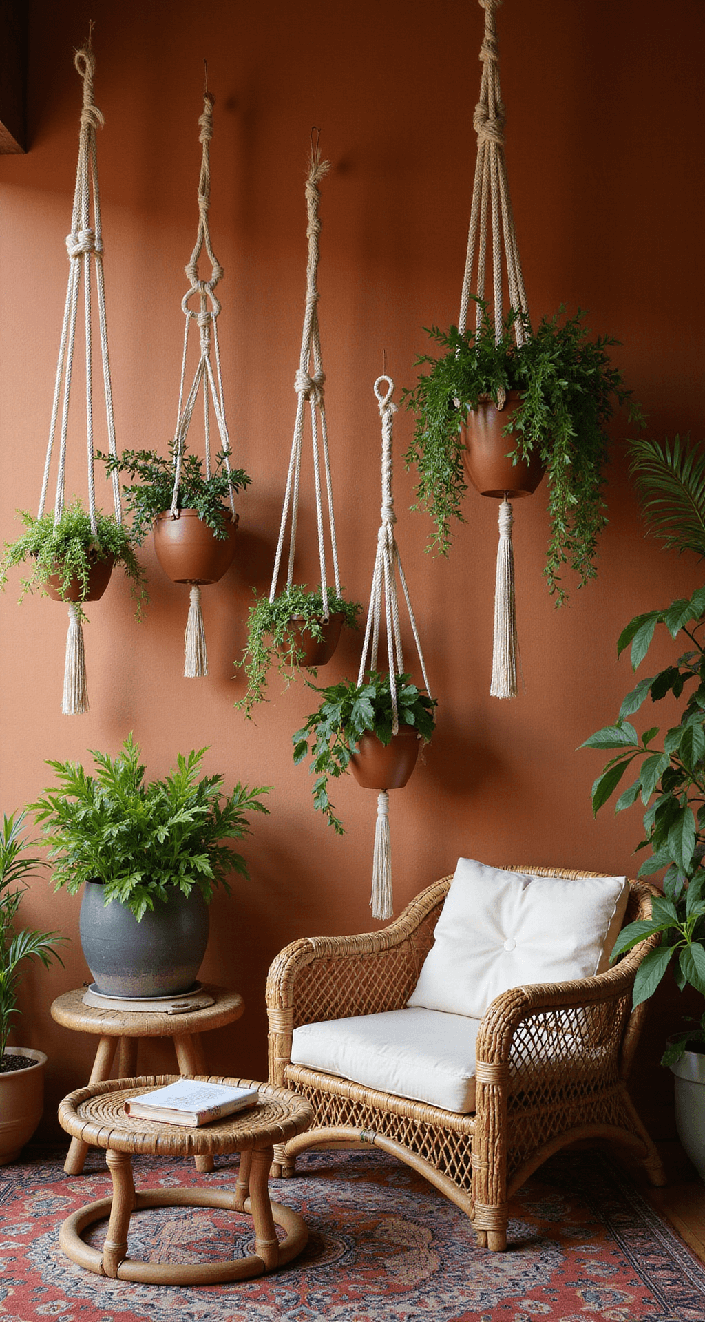 A bohemian living room featuring a macramé-adorned herb garden with earthenware pots suspended from handcrafted rope hangers against a terracotta wall. Rattan furniture and layered Persian rugs provide depth, while late afternoon light casts dramatic shadows through the macramé.