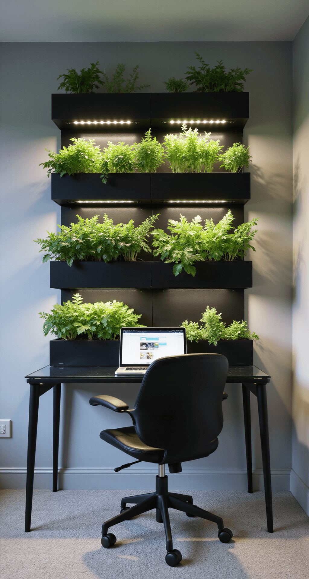 Minimalist home office with a smart herb garden system, featuring matte black vertical planters with LED grow lights against light gray walls, a glass desk, and ergonomic chair, shot straight-on with a telephoto lens and balanced lighting.
