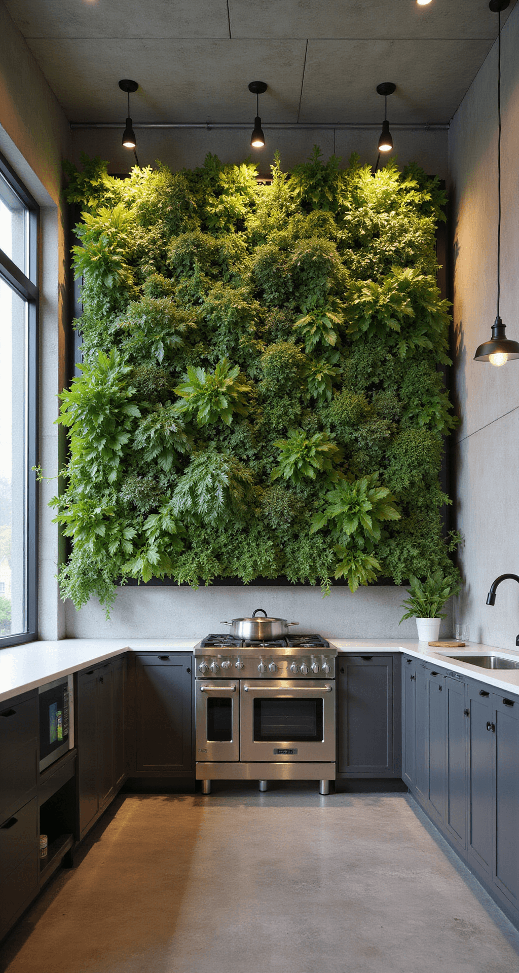 Contemporary kitchen-dining space featuring a 9x12ft living herb wall installation with varied culinary herbs, set against brushed concrete walls and illuminated by industrial pendant lights, showcasing commercial-grade stainless steel appliances.