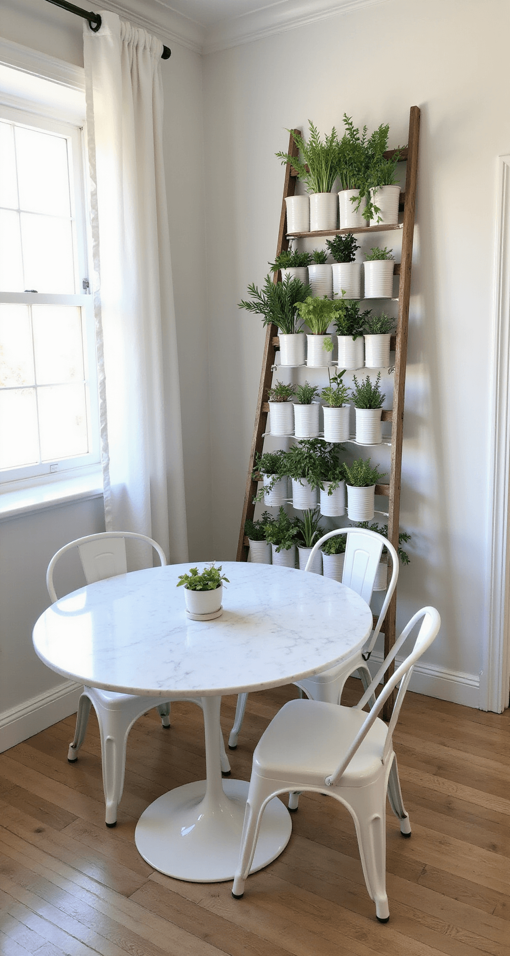 A cozy Scandinavian breakfast nook featuring a 4x5ft upcycled herb garden on repurposed ladder-style shelving, white-painted tin cans filled with herbs, a round marble table with ghost chairs, and pale wooden floors, all illuminated by soft morning light filtering through sheer curtains.