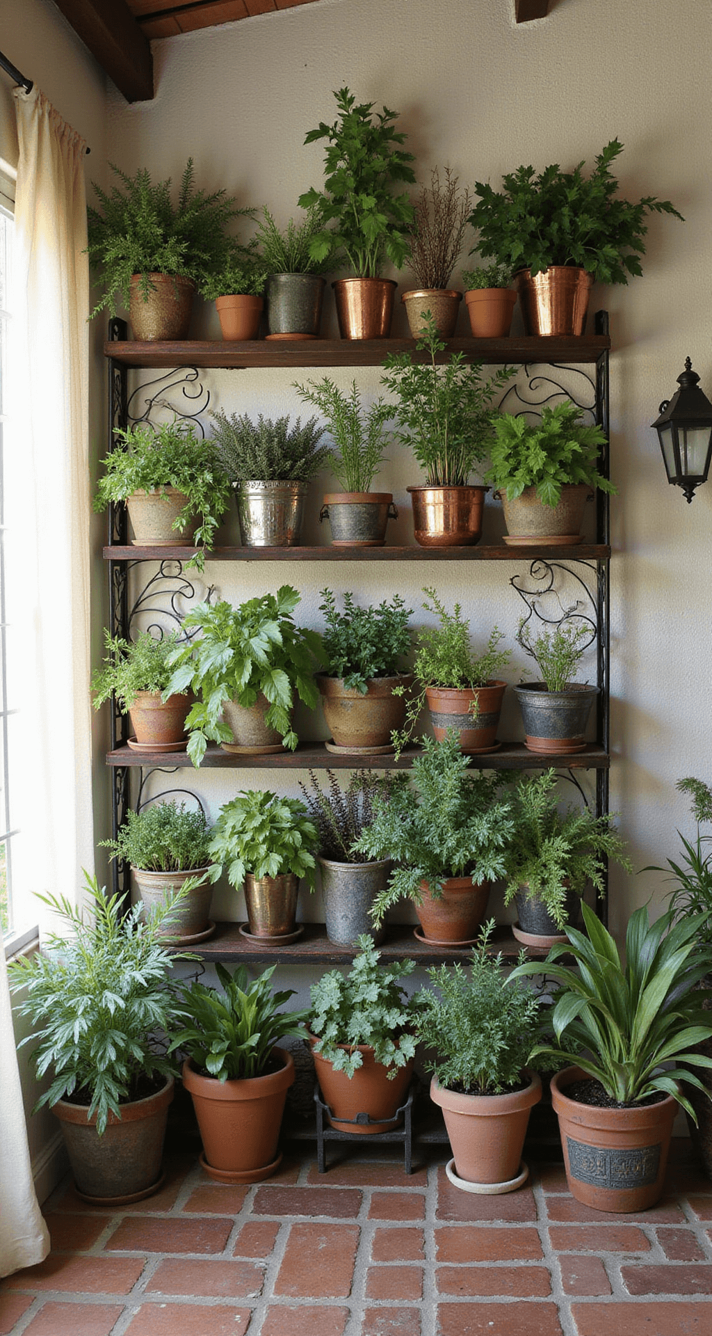 A Mediterranean-inspired sunroom featuring an 8x8ft herb wall, vintage elements like antique copper pots and weathered terracotta planters on wrought iron shelving, mosaic tile flooring, whitewashed walls, and dappled late morning light filtering through gauzy curtains, captured from a corner viewpoint to showcase the room's depth.