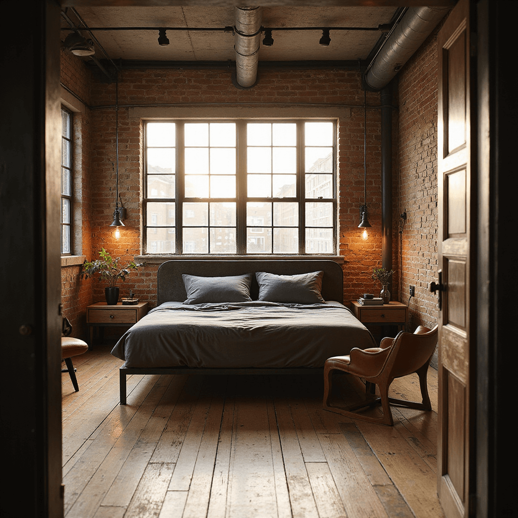 Male Bedroom Ideas: How to Design a Space That Screams "Cool" Without Trying Too Hard A modern industrial bedroom featuring a weathered steel platform bed against an exposed brick wall, with charcoal gray linens and a cognac leather accent chair, illuminated by streaming sunlight through factory windows, creating dramatic shadows.
