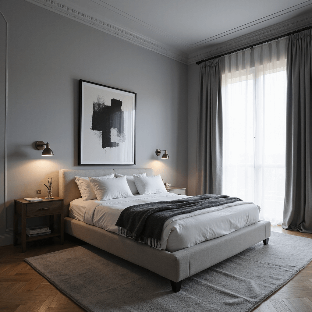 Male Bedroom Ideas: How to Design a Space That Screams "Cool" Without Trying Too Hard Intimate view of a minimalist gray bedroom at dusk, featuring a low-profile upholstered platform bed with white linens and charcoal throws, surrounded by architectural crown molding and ambient lighting from brushed nickel sconces, with oversized black and white abstract photography above, all captured in cool evening light filtering through sheer drapes.