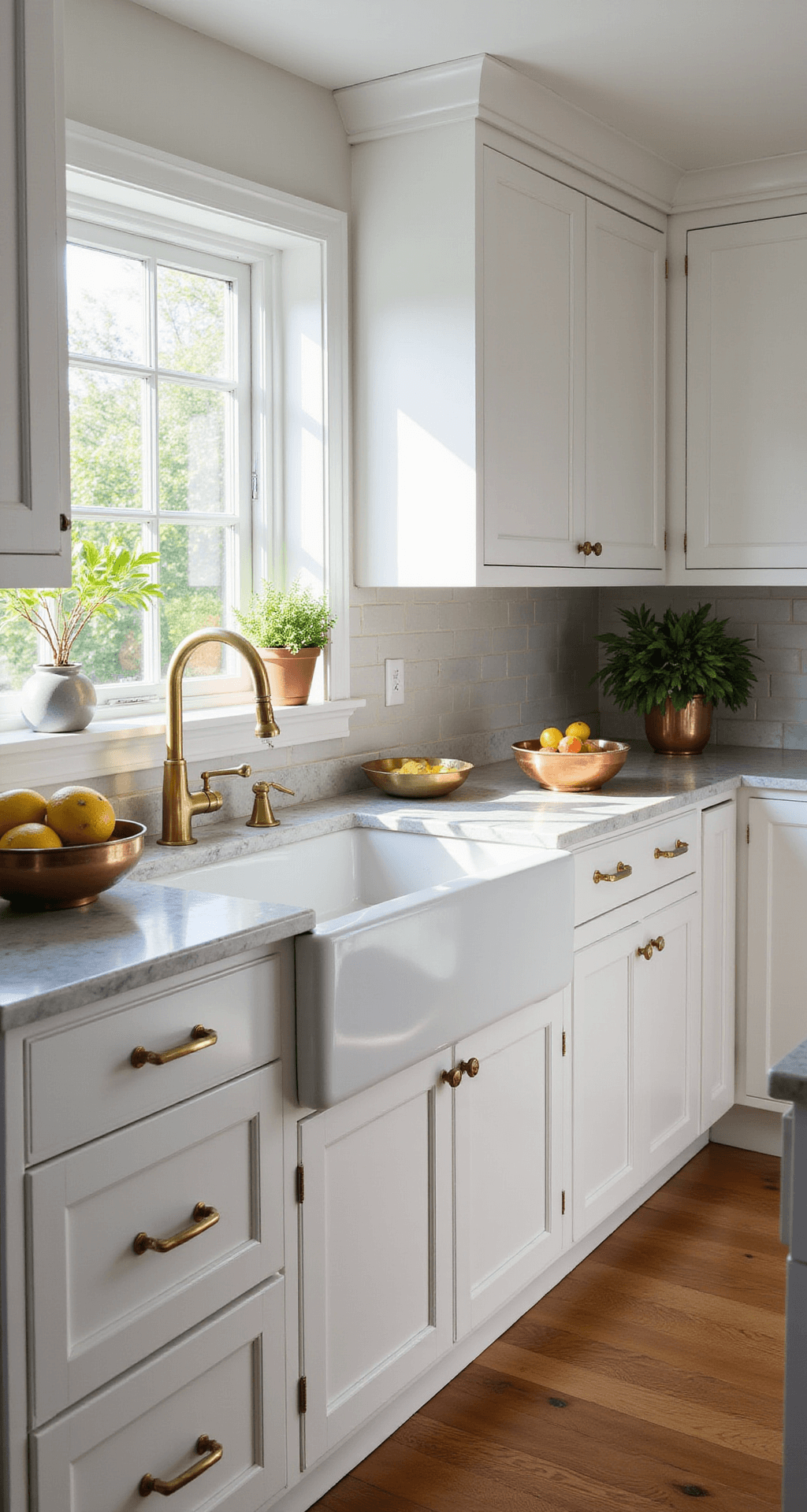 Kitchen Cabinet Makeover: Transform Your Space Without Breaking the Bank Bright, airy kitchen with classic white Shaker cabinets, marble countertops, and modern brass hardware. Morning sunlight casts dramatic shadows through a large window above the sink. The scene features artisanal ceramics, fresh herbs in copper pots, and a fruit bowl, all styled in warm whites and brass accents. A wide-angle shot captures the entire space from a corner perspective.