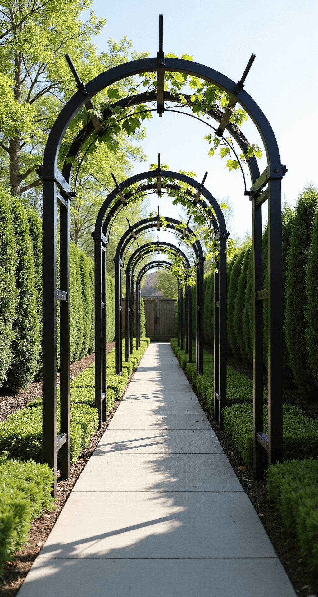 Three minimalist black steel arches installed along a modern concrete pathway, surrounded by emerging clematis vines and framed by boxwood hedges, captured in high-key lighting during mid-morning.