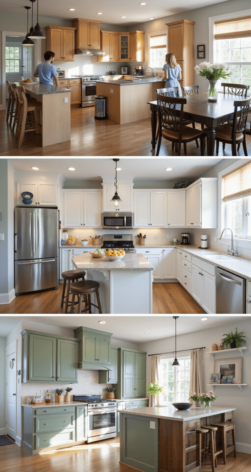 Kitchen Cabinet Makeover: Transform Your Space Without Breaking the Bank A split-image comparison of a transformed kitchen scene, featuring a family interacting in a bright, modern space with a natural color palette, showcasing complete cabinet details, active cooking elements, fresh flowers, and a cookbook display, captured in early afternoon light at eye level with deep depth of field.