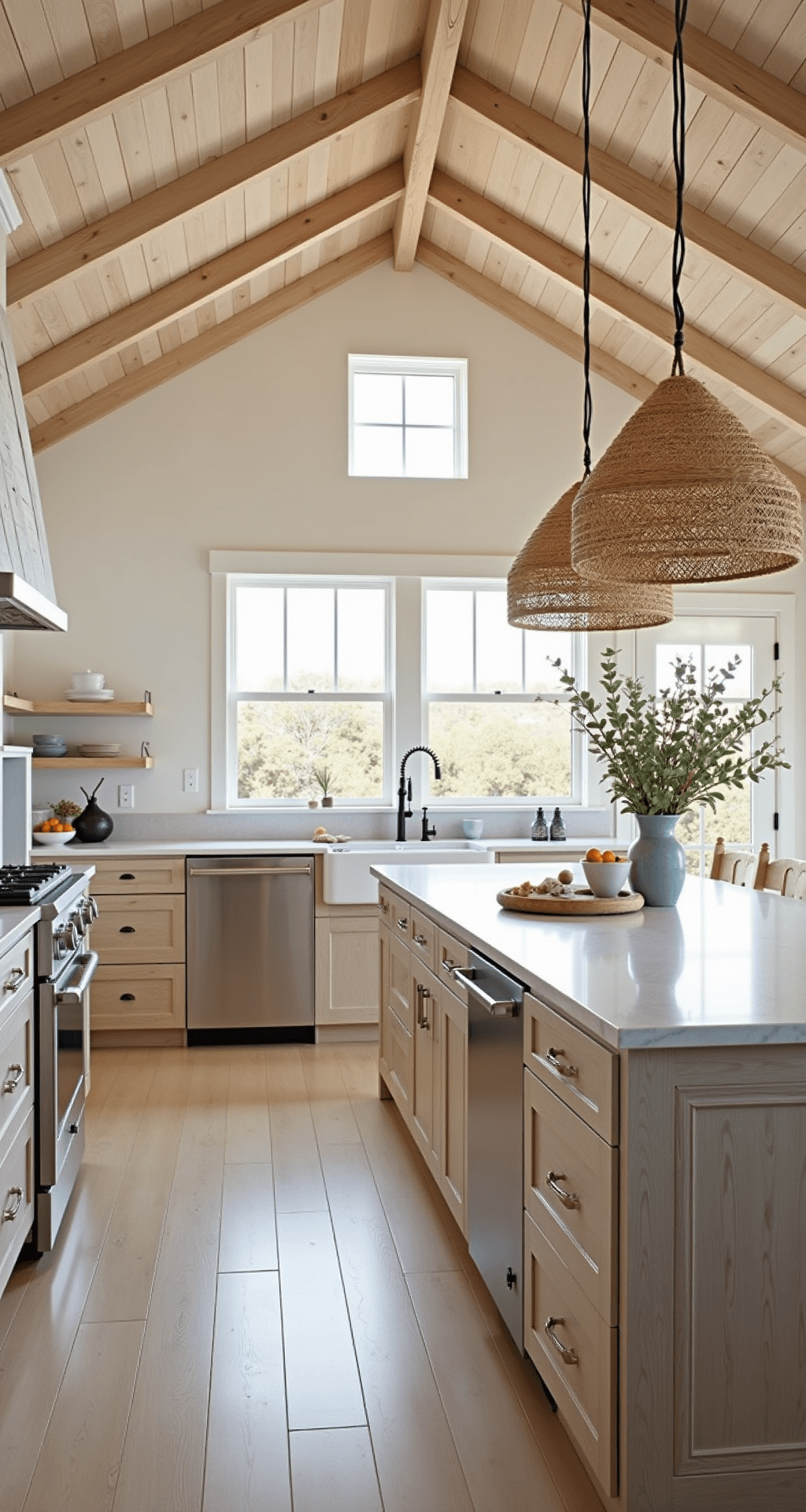 White Oak Kitchen Cabinets: Transform Your Kitchen with Timeless Elegance and Durability Airy kitchen with white oak vaulted ceiling, light-washed oak cabinets, and bleached oak island with concrete top, featuring golden hour lighting through large windows, styled with woven textures and coastal ceramics in a palette of bleached oak, sandy beige, ocean blue, and white.