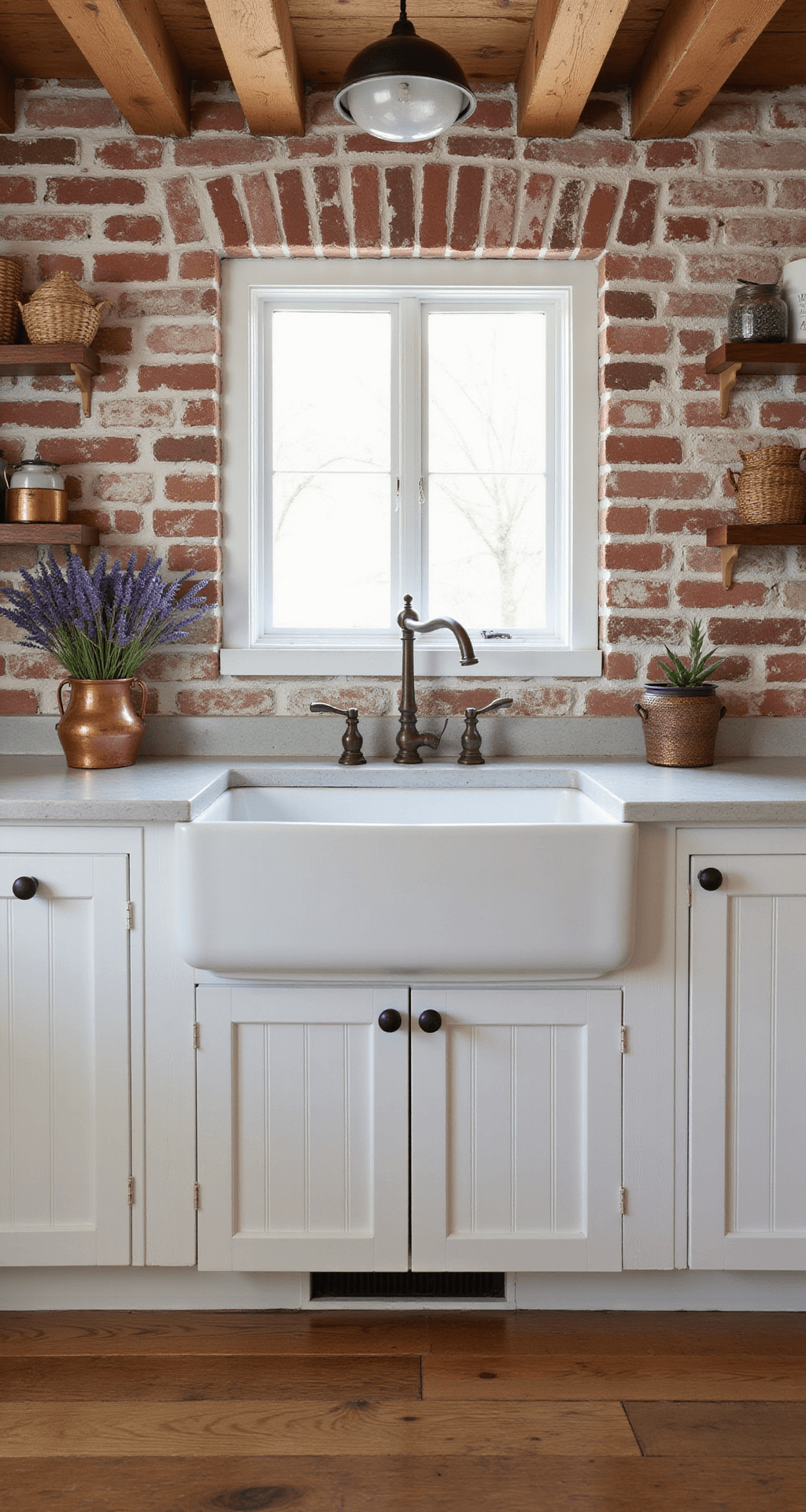 15 Stunning Backsplash Ideas for White Cabinets: Transform Your Kitchen with Style Farmhouse kitchen with white beadboard cabinets, reclaimed brick backsplash, exposed wooden beams, soapstone counters, vintage bronze fixtures, large farmhouse sink, and rustic wide-plank pine floors, styled with antique copper pots and dried lavender.