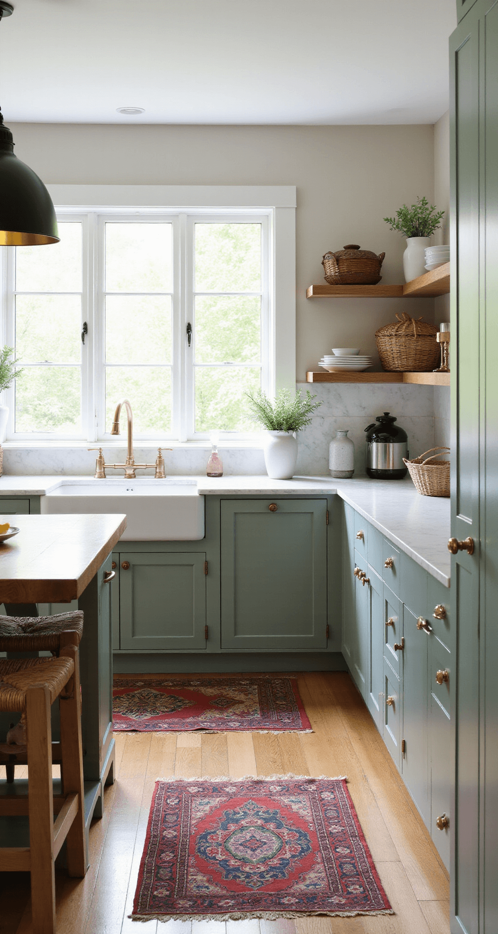 Sage Green Kitchen Cabinets: Your Ultimate Design Guide A bright, modern kitchen with sage green cabinets reaching a 9ft ceiling, featuring a farmhouse sink under a large window, Calacatta marble countertops, brass hardware, white oak floating shelves, and a butcher block island surrounded by rattan barstools, with a vintage Persian runner on the floor, all captured from a corner entrance highlighting natural light and textures.