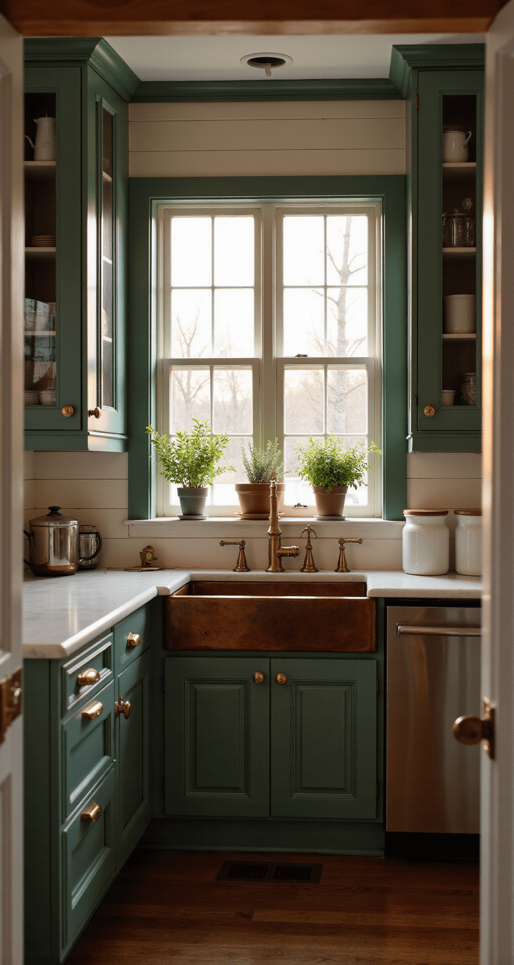 Sage Green Kitchen Cabinets: Your Ultimate Design Guide A cozy 10x12ft cottage kitchen featuring deep sage cabinets, cream shiplap walls, and a copper sink, bathed in warm golden hour light, with dramatic shadows and potted herbs on the windowsill.