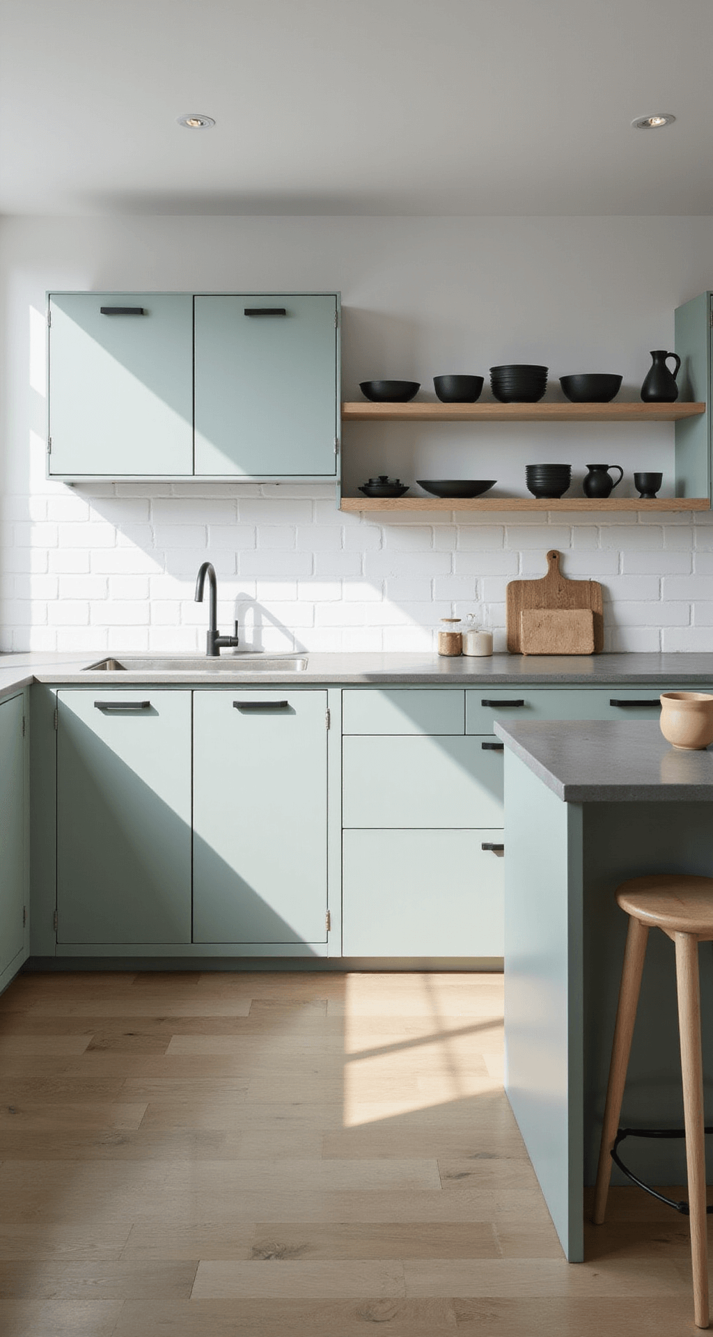 Sage Green Kitchen Cabinets: Your Ultimate Design Guide A minimalist Scandinavian kitchen featuring light sage cabinets, concrete countertops, and a white subway tile backsplash, captured from above with a central island showcasing waterfall edges, open shelving with monochromatic ceramics, and matte black hardware, all illuminated by diffused afternoon light.