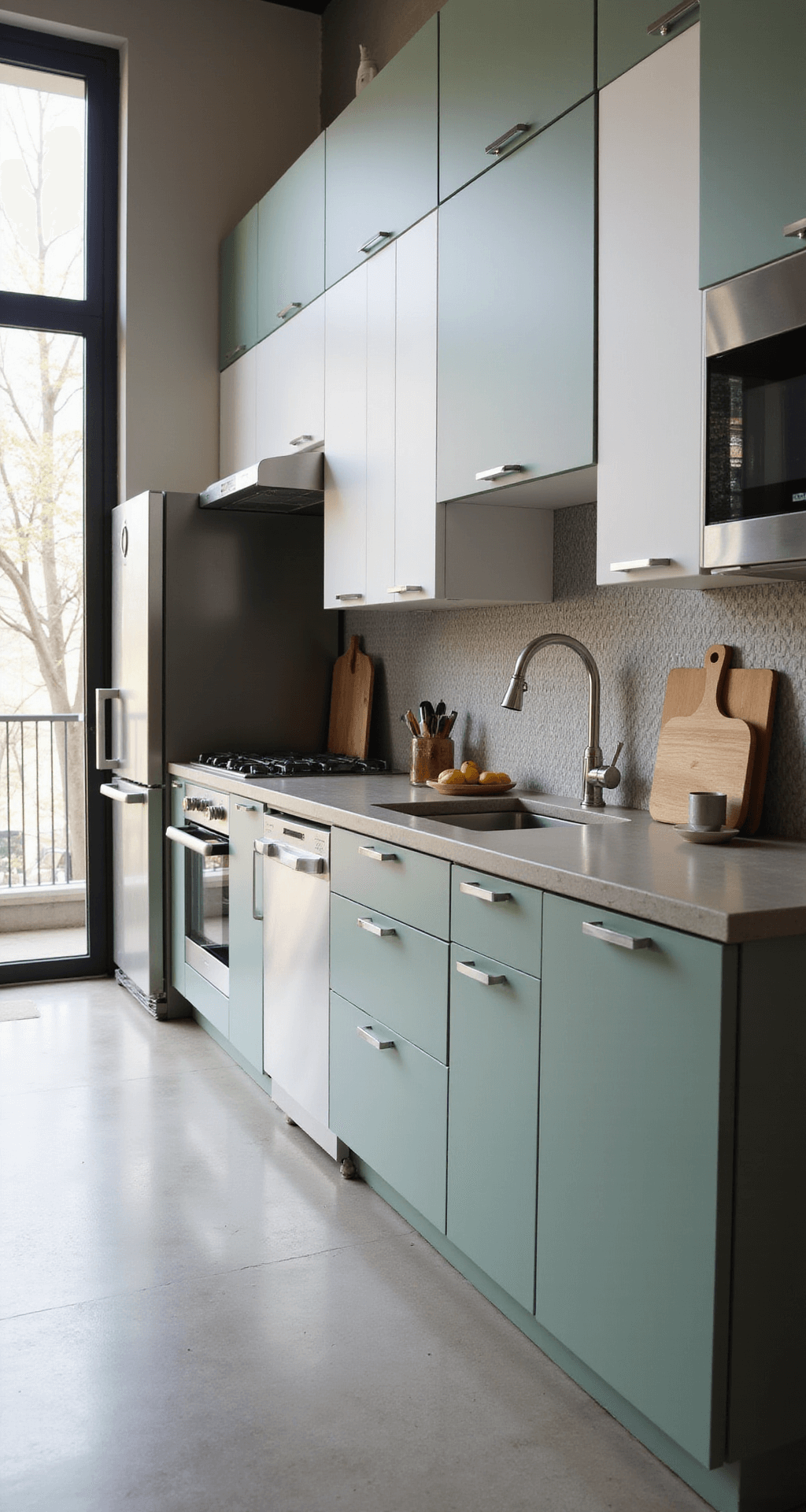 Sage Green Kitchen Cabinets: Your Ultimate Design Guide Contemporary kitchen featuring two-tone sage green and white cabinets, stainless steel appliances, and concrete counters, with floor-to-ceiling windows and a geometric tile backsplash, shot from the sliding door entrance.