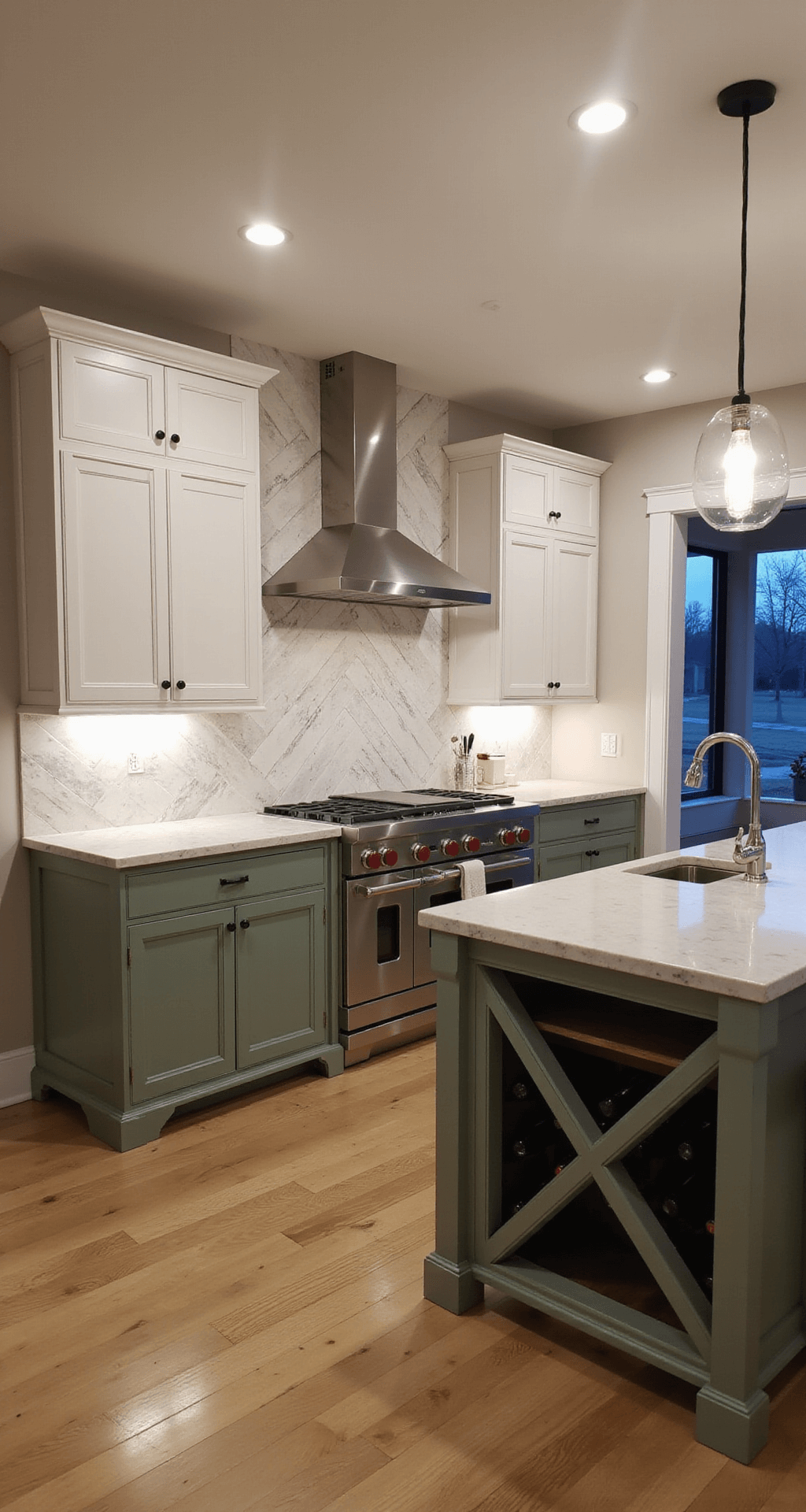 Sage Green Kitchen Cabinets: Your Ultimate Design Guide Transitional kitchen featuring sage green base cabinets and white upper cabinets, illuminated by ambient lighting at dusk. The marble herringbone backsplash extends to the ceiling, complemented by glass globe pendants above the quartzite island. Built-in wine storage with X mullions is visible, all captured from the family room entrance.