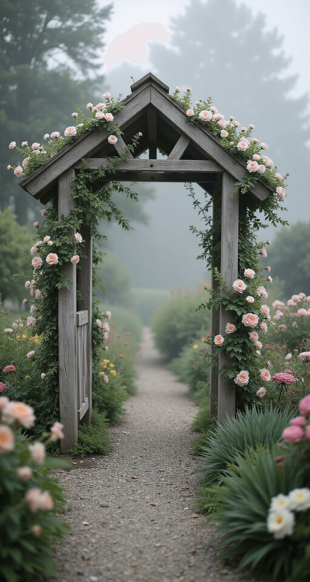 Intimate cottage garden scene featuring a 7-foot weathered wooden arch covered in pink roses and white sweet peas, surrounded by pastel perennials, captured in early morning mist with diffused light creating a romantic vintage atmosphere.