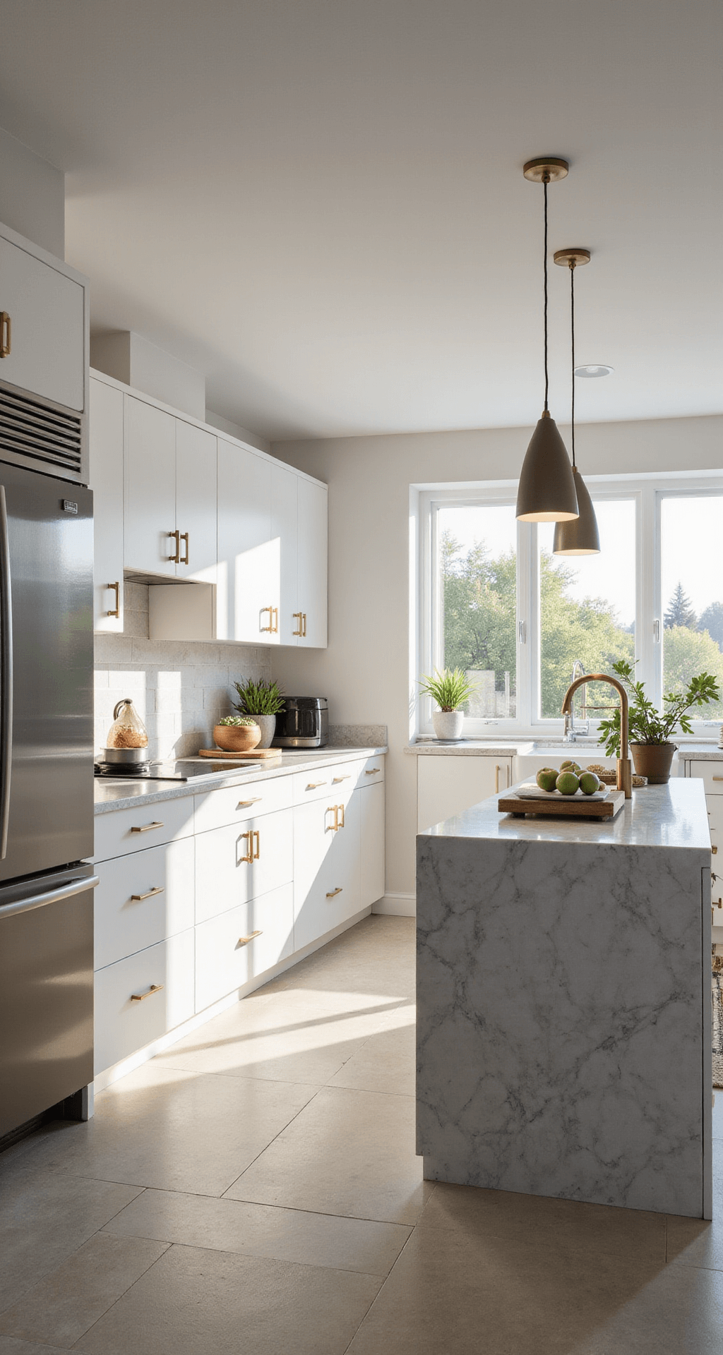 A contemporary kitchen featuring white modular cabinets with matte gold hardware, a marble-patterned waterfall quartz island, and professional-grade stainless appliances, illuminated by morning sunlight through floor-to-ceiling windows and layered lighting, including pendant lights and under-cabinet LEDs.
