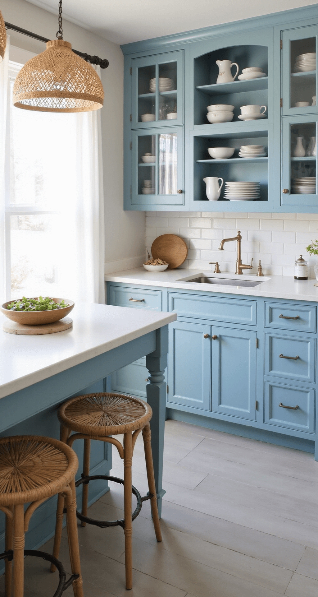 Modular Kitchen Cabinets: Your Ultimate Guide to Flexible, Stylish Storage A serene coastal kitchen at sunrise featuring shaker-style pale blue cabinets, white quartz countertops, and glass-front upper cabinets displaying white dinnerware. Rattan pendant lights and seagrass barstools complement the subway tile backsplash with pale grey grout, all illuminated by soft morning light filtering through sheer curtains.