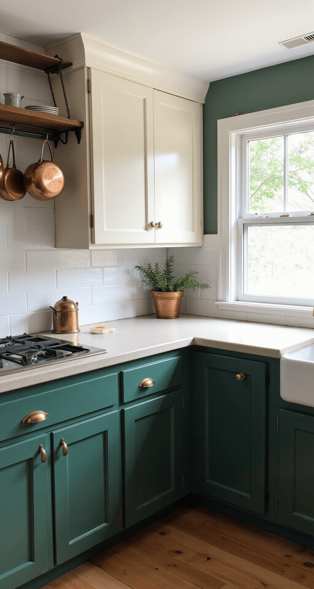Modular Kitchen Cabinets: Your Ultimate Guide to Flexible, Stylish Storage A spacious farmhouse-modern kitchen featuring deep forest green lower cabinets and warm white upper cabinets with brass bin pulls, complemented by soapstone counters and subway tile extending to the ceiling. Vintage copper pots hang from a pot rack, illuminated by afternoon light with soft fill to minimize shadows.
