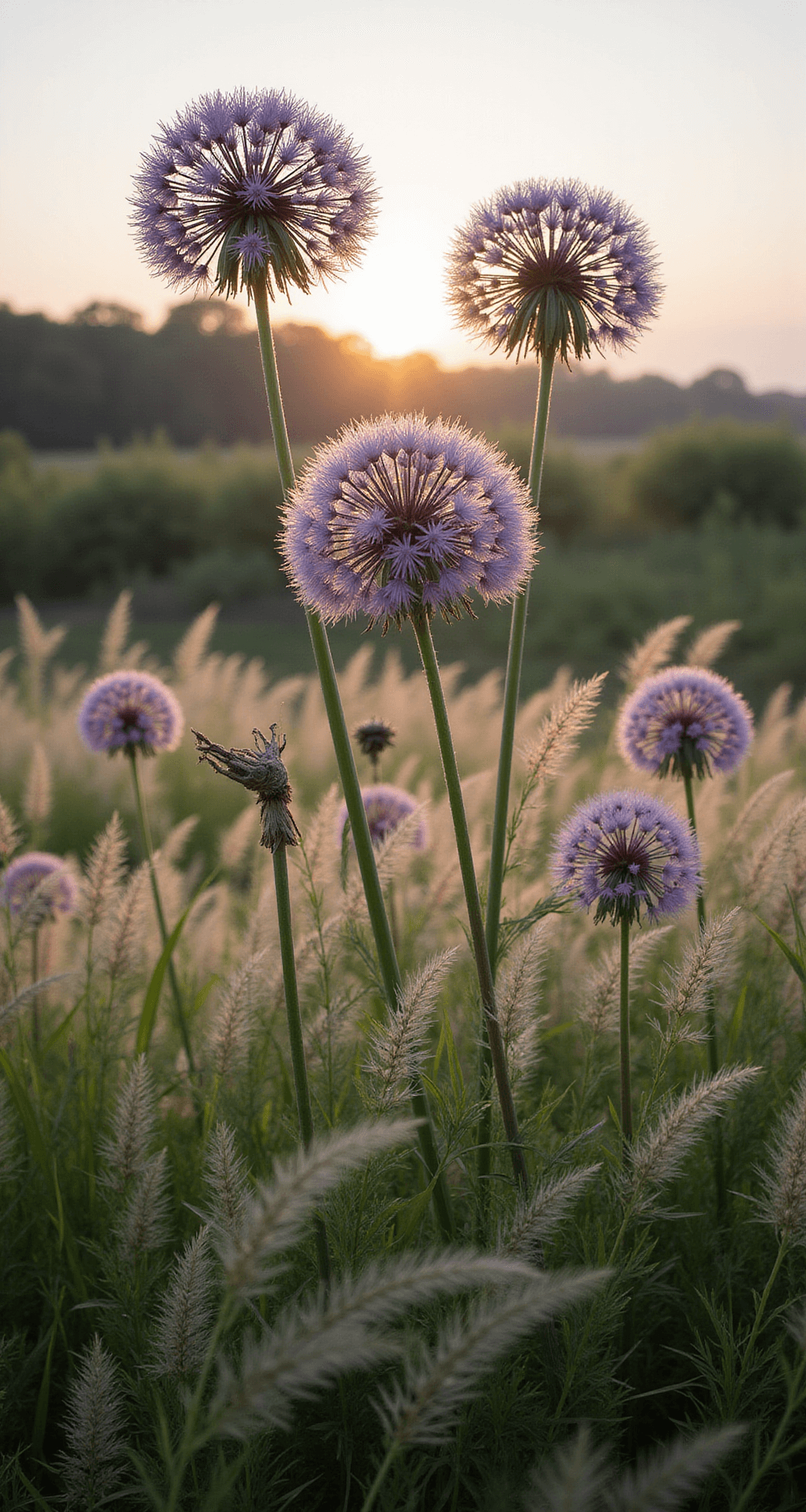 Early morning garden scene featuring tall Globemaster alliums with silvery-violet spheres illuminated by low-angle light, surrounded by feathery ornamental grasses and wispy Stipa tenuissima in the foreground, capturing layered depth from ground to sky.
