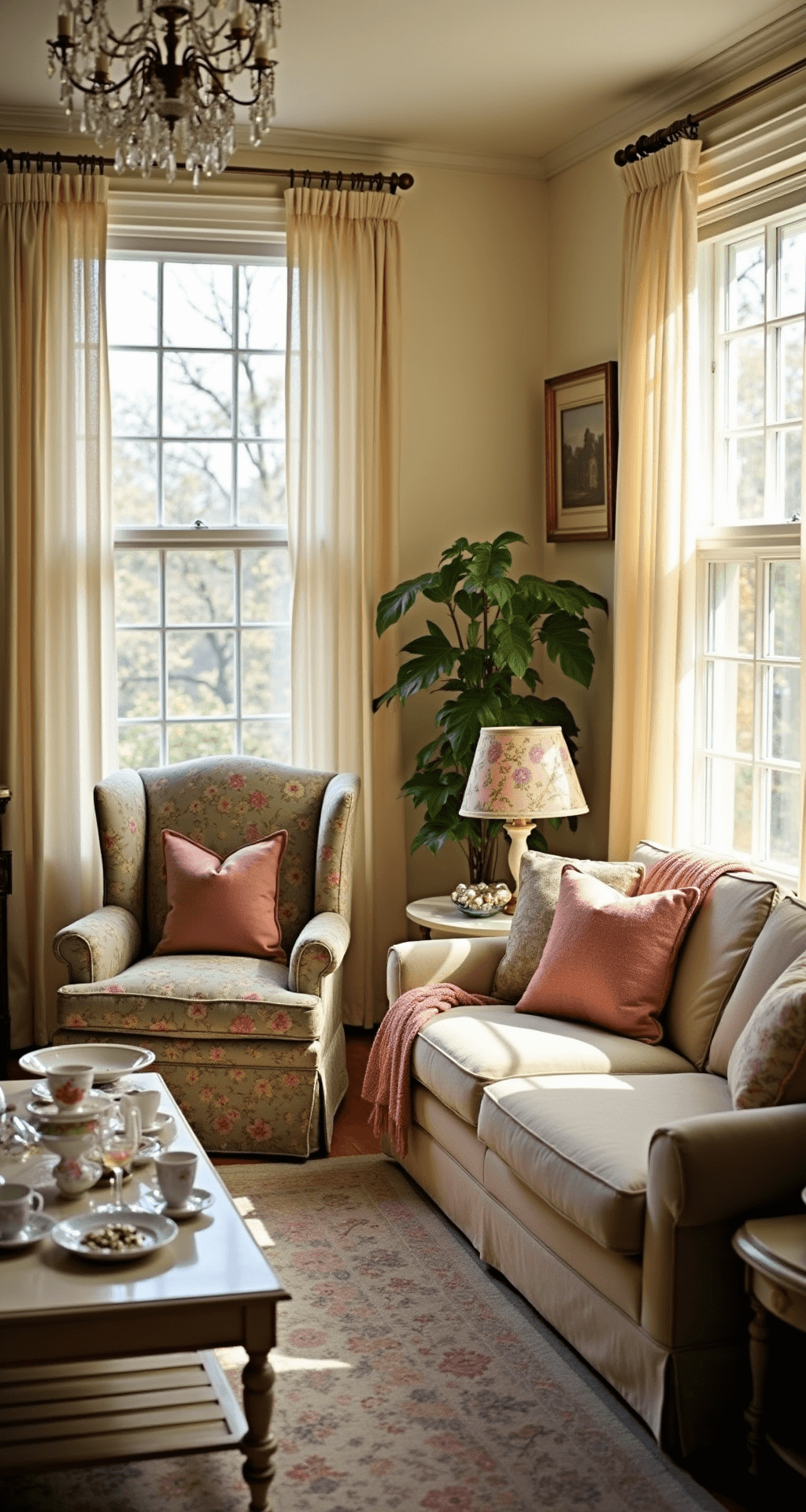 Granny Chic Living Room: Revive Vintage Charm with Modern Flair Sun-drenched living room featuring a plush floral wingback chair, a distressed cream coffee table with vintage teacups, layered rugs, and soft lighting through lace curtains, all set against warm ivory walls.