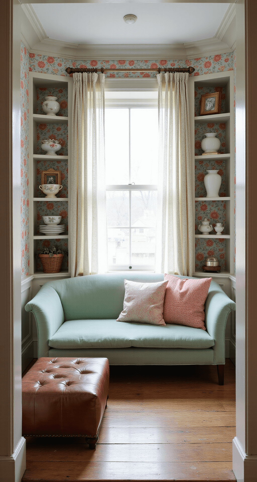 Granny Chic Living Room: Revive Vintage Charm with Modern Flair A cozy sitting nook featuring a mint green velvet settee and a weathered leather ottoman, surrounded by vintage porcelain figurines and milk glass vases. Soft morning light filters through gauzy curtains, illuminating chintz wallpaper in pale blue and coral, while brass picture frames reflect warm highlights amidst built-in shelves and original crown molding.