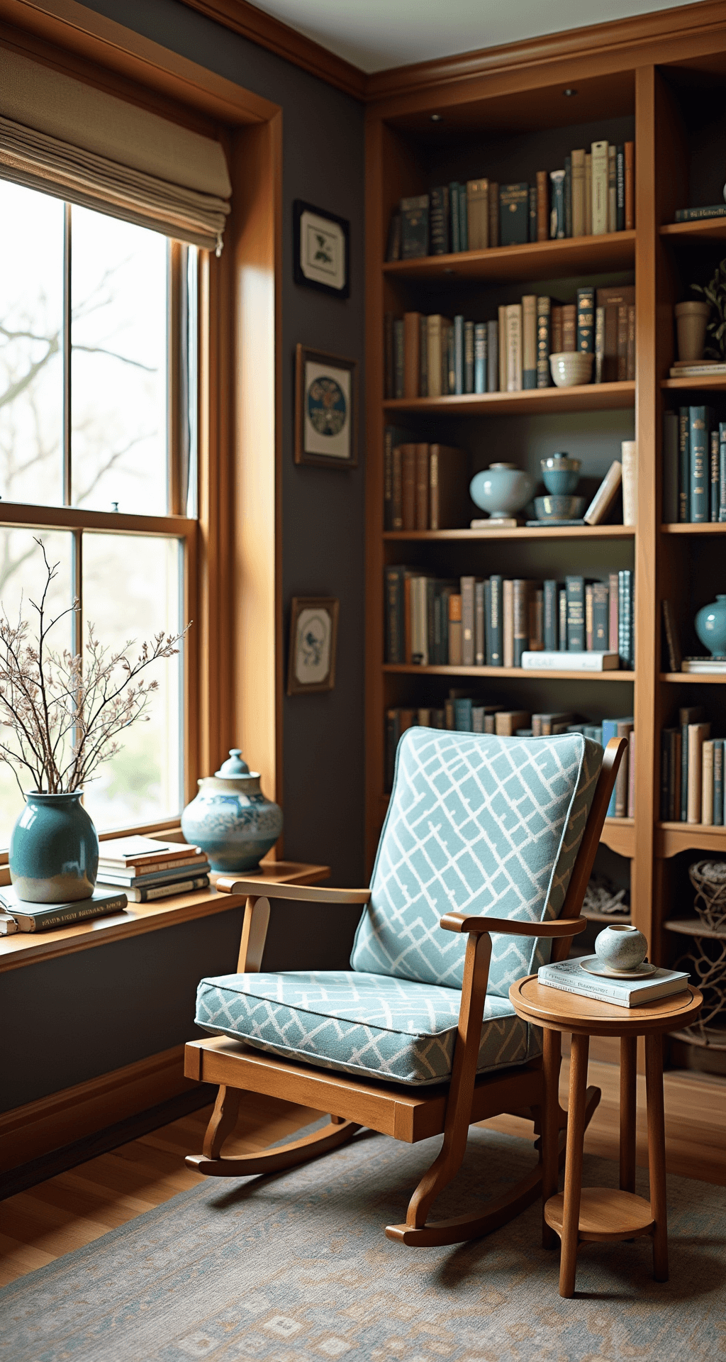 Granny Chic Living Room: Revive Vintage Charm with Modern Flair A cozy reading corner with floor-to-ceiling bookshelves, featuring a reupholstered rocking chair, vintage side tables with antique books and pottery, and a handwoven tapestry, all illuminated by soft midday light.