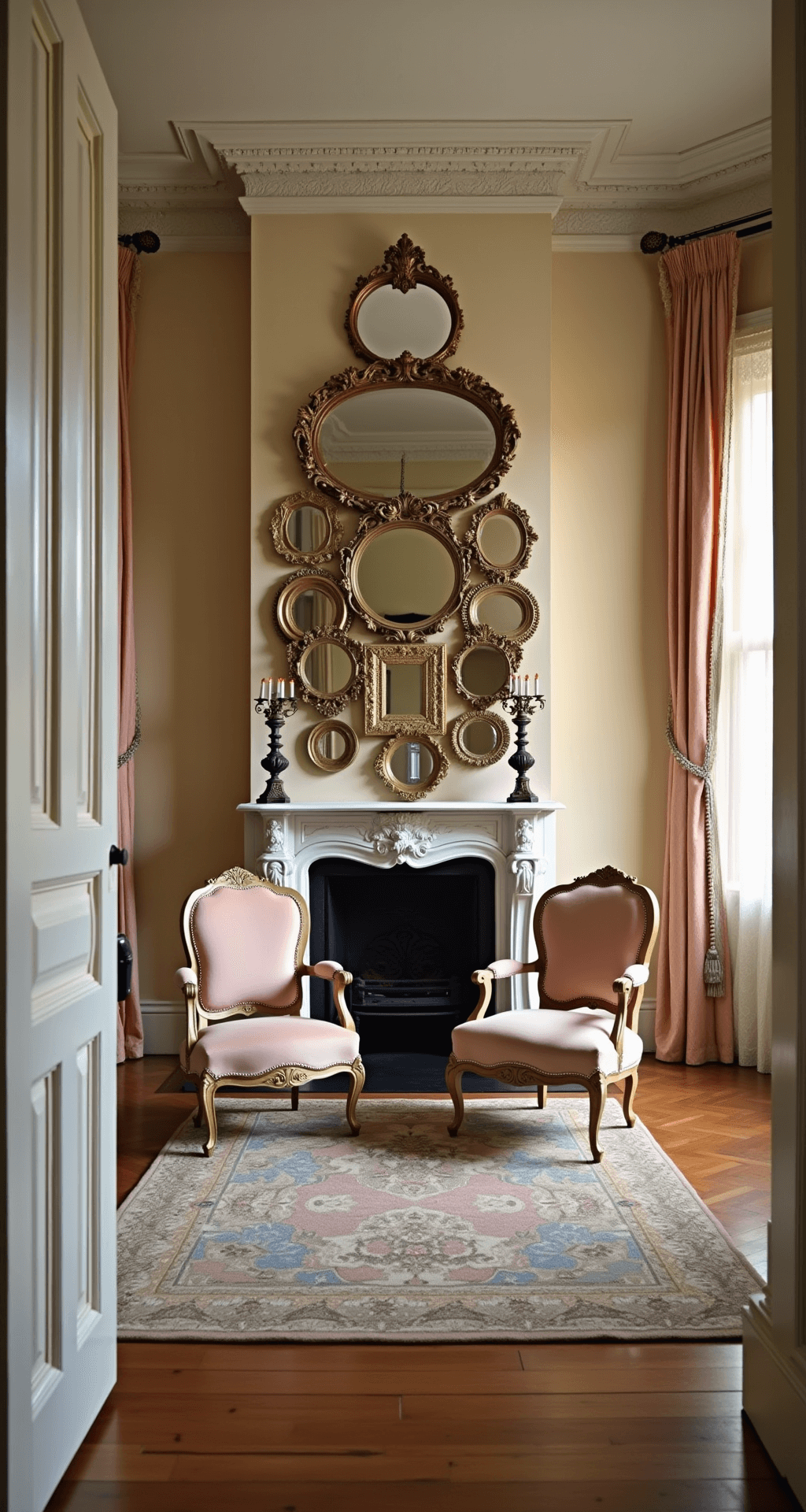 Granny Chic Living Room: Revive Vintage Charm with Modern Flair Elegant sitting room with herringbone hardwood floors, vintage lace panels casting shadows, blush velvet Victorian chairs facing an antique marble fireplace, and a glamorous wall of vintage mirrors, layered with soft pastels and jewel tones.