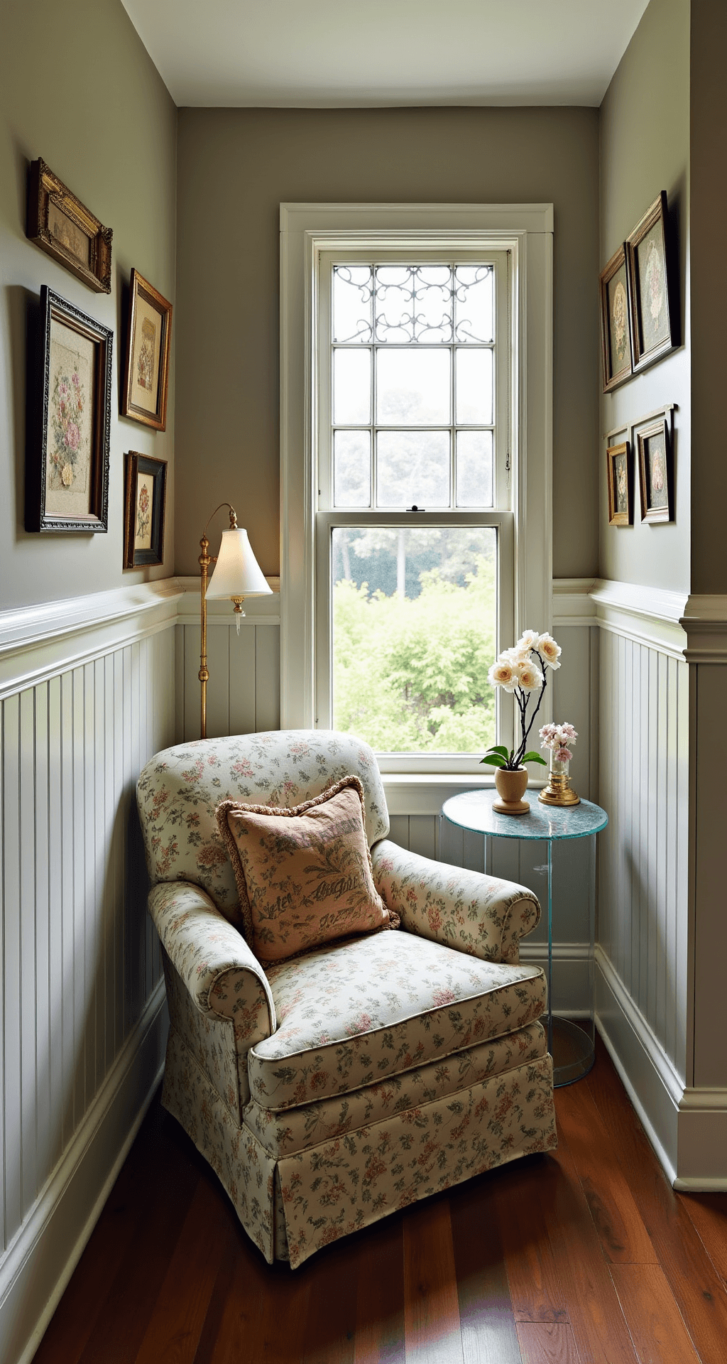 Granny Chic Living Room: Revive Vintage Charm with Modern Flair A cozy 15x15ft cottage interior featuring beadboard wainscoting, illuminated by filtered afternoon light through a stained glass window. An overstuffed armchair in classic toile print is paired with a sleek lucite side table, while vintage needlework samplers adorn a gallery wall, showcasing a blend of traditional and contemporary decor with muted florals and modern metallic accents. Shot from a corner perspective.