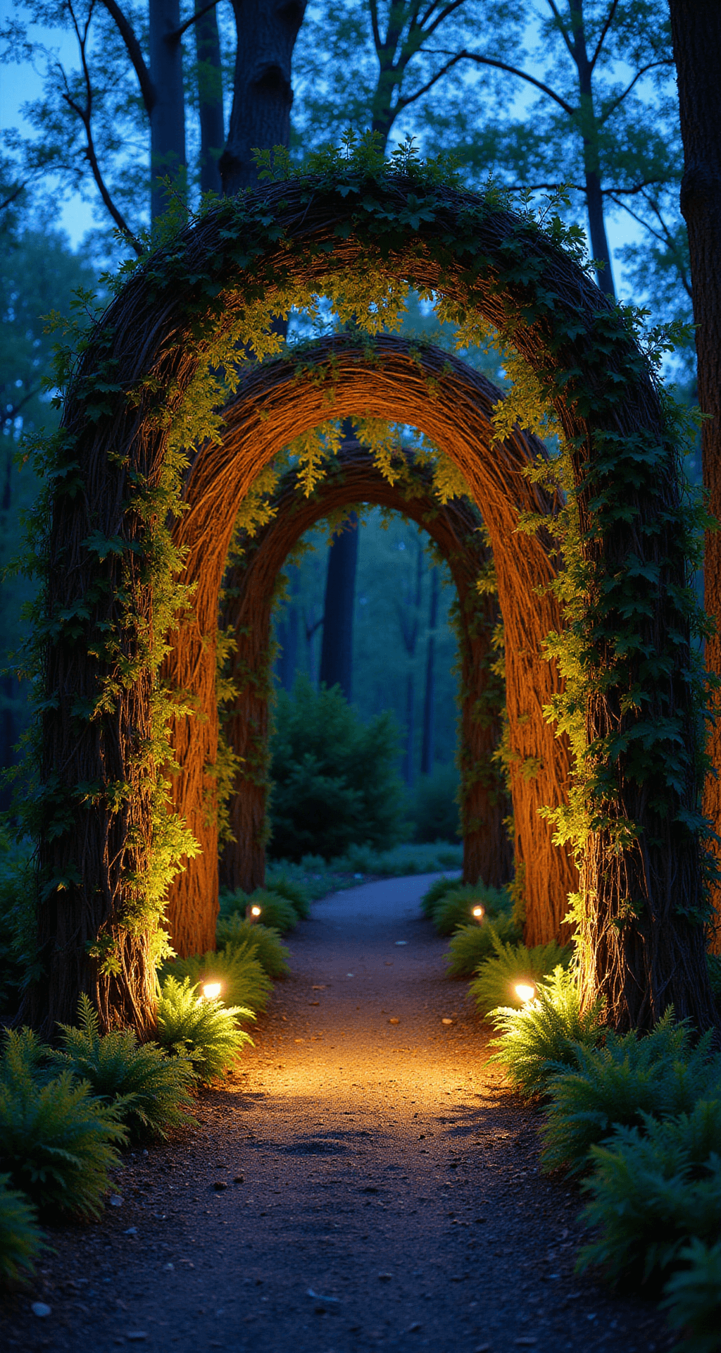 Dramatic twilight tunnel formed by four willow arches, illuminated by warm LED lights, with morning glory vines weaving through. A mulched path lined with native ferns leads through the archway, creating a mystical woodland atmosphere in deep greens and blues.