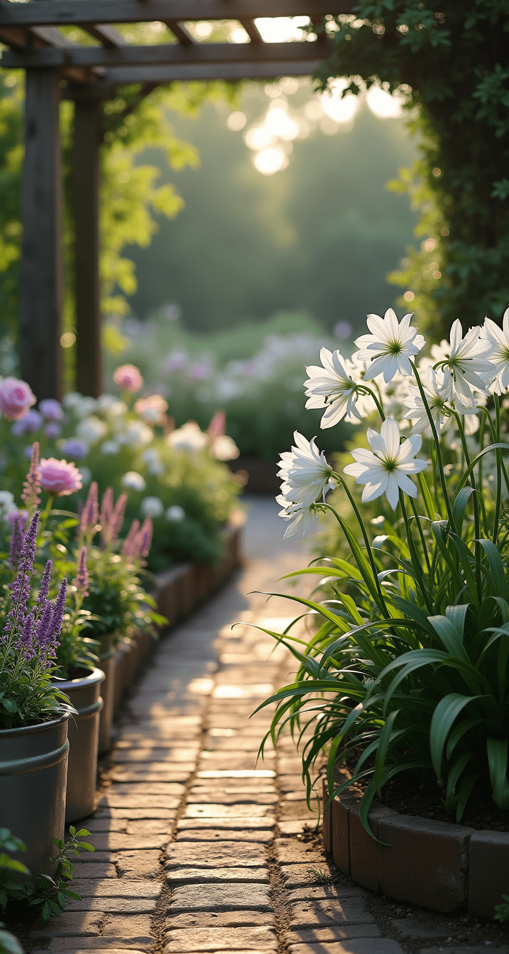 Intimate cottage garden scene with white Agapanthus 'Albus', lavender, and pale pink roses in a curvy border, dappled sunlight filtering through a pergola, a weathered brick pathway, and vintage zinc containers overflowing with trailing plants, macro focus on dewdrops on agapanthus blooms, creating a soft, dreamy atmosphere with bokeh effect.