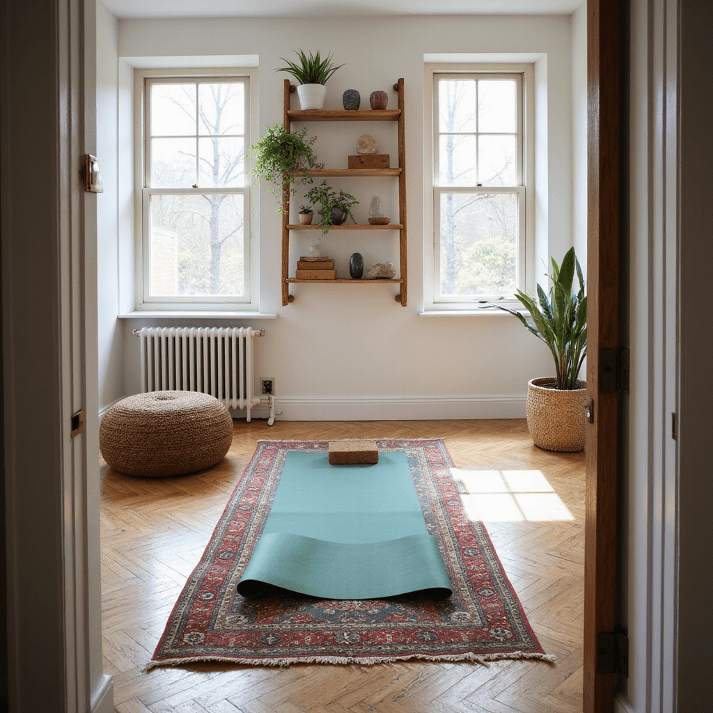 A cozy guest room featuring herringbone hardwood floors and a vintage Persian rug, illuminated by diffused afternoon light. The space includes a jade-green yoga mat, cork blocks, and cotton props in a woven basket, with a wall-mounted ladder shelf displaying crystals and air plants. A Moroccan pouffe in the corner adds texture, all in a color palette of earth tones and deep greens.